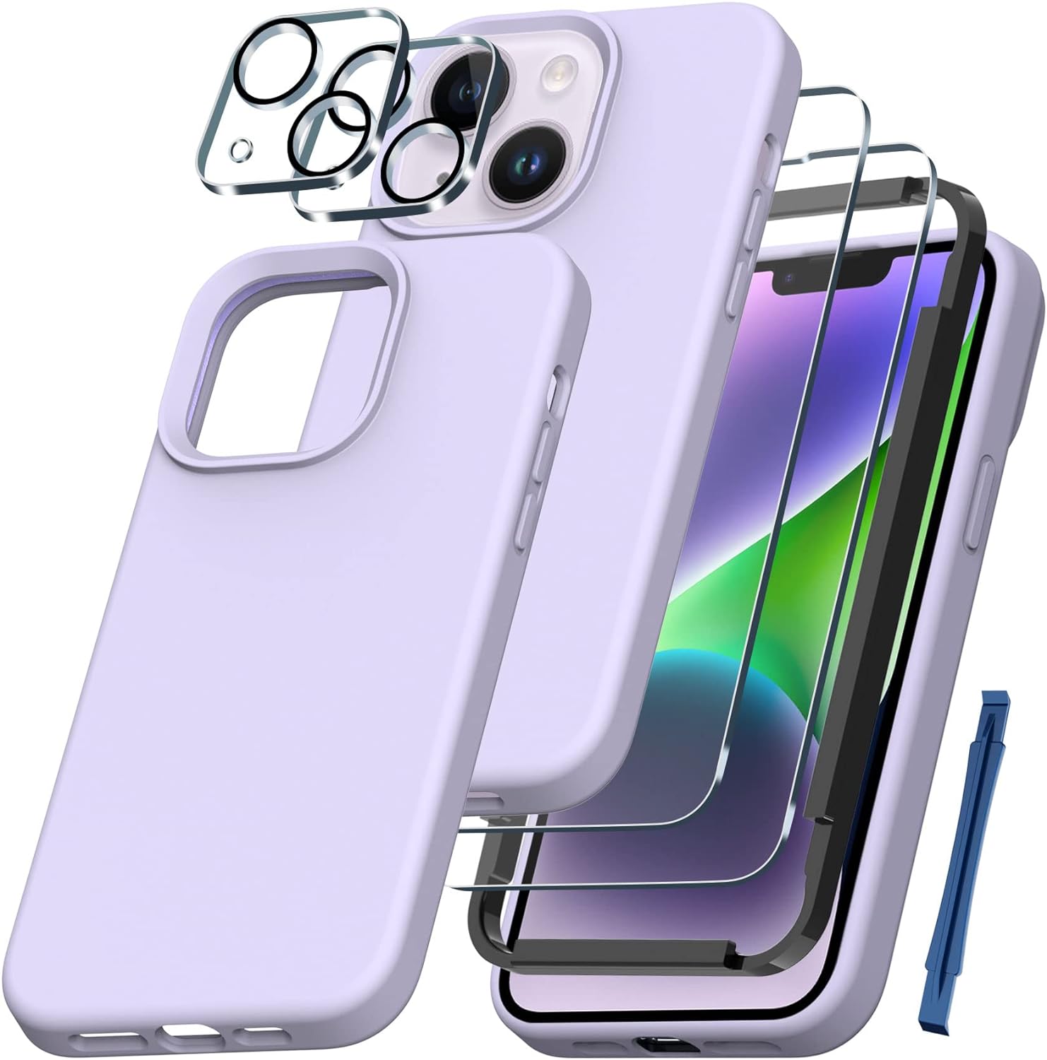 QHOHQ [5 in 1] for iPhone 14 Plus Case, with 2X Screen Protector   2X Camera Lens Protector, Soft Silicone Military Shockproof Slim Thin Phone Case 6.7 Inch for Men and Women, Elegant Purple