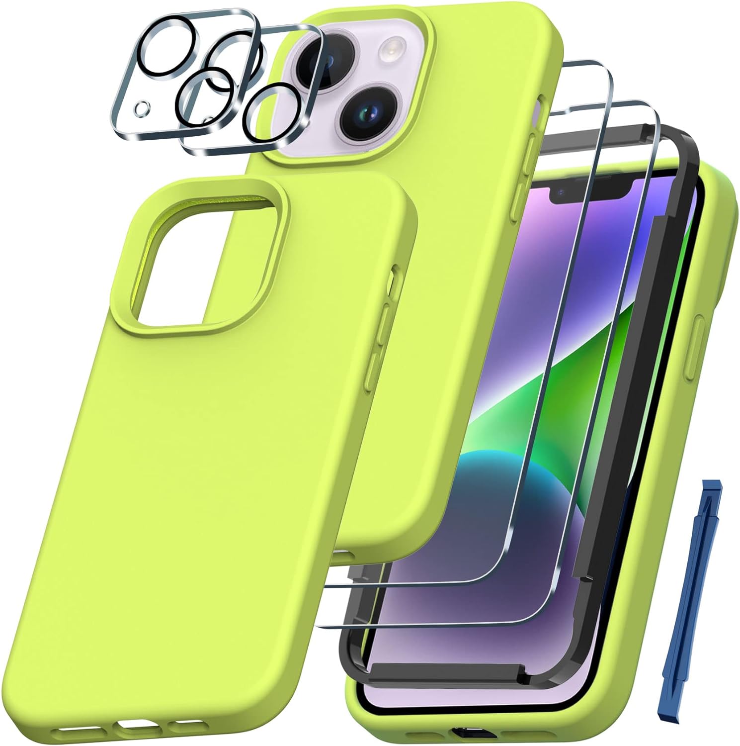 QHOHQ [5 in 1] for iPhone 14 Plus Case, with 2X Screen Protector   2X Camera Lens Protector, Soft Silicone Military Shockproof Slim Thin Phone Case 6.7 Inch for Men and Women, Fluorescent Yellow