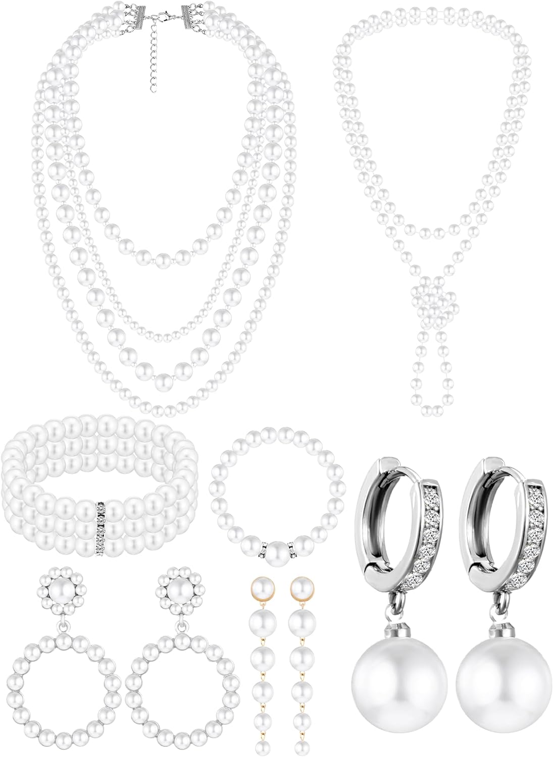 BBTO 8 Pcs Pearl Necklace Earrings Set for Women Girls, Includes Simulated Pearl Bracelet Faux Pearl Necklace Dangle Earrings