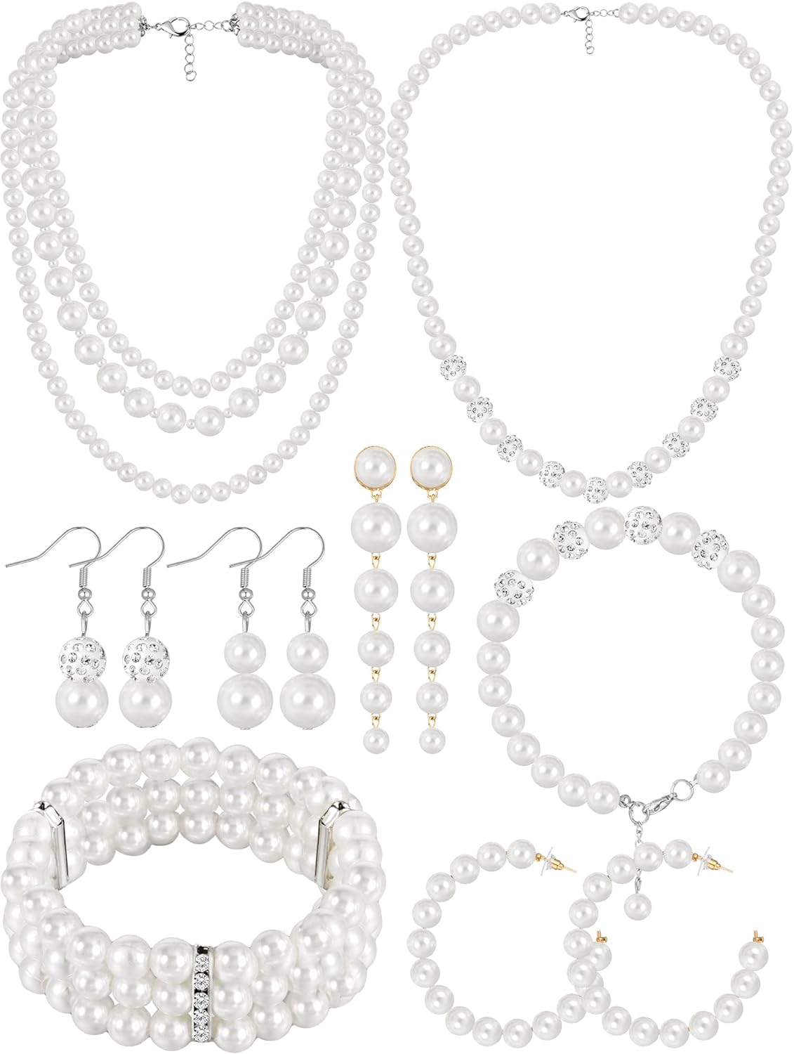 BBTO 8 Pcs Pearl Necklace Earrings Set for Women Girls, Includes Simulated Pearl Bracelet Faux Pearl Necklace Dangle Earrings
