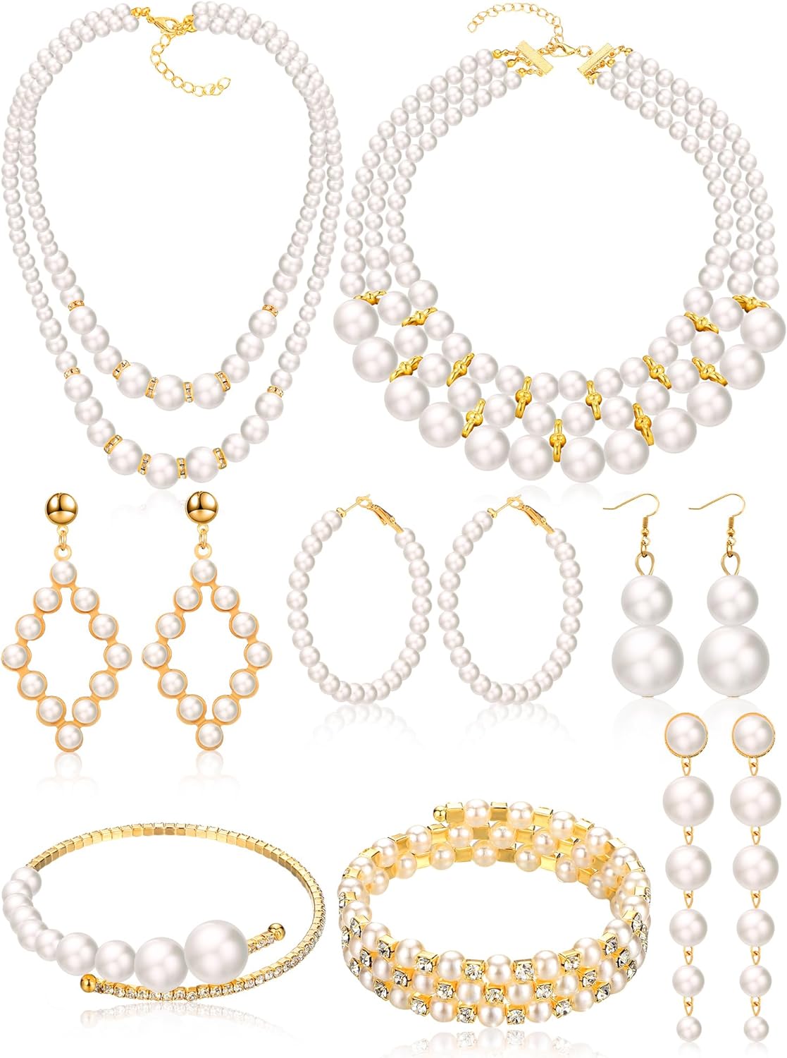 BBTO 8 Pcs Pearl Necklace Earrings Set for Women Girls, Includes Simulated Pearl Bracelet Faux Pearl Necklace Dangle Earrings