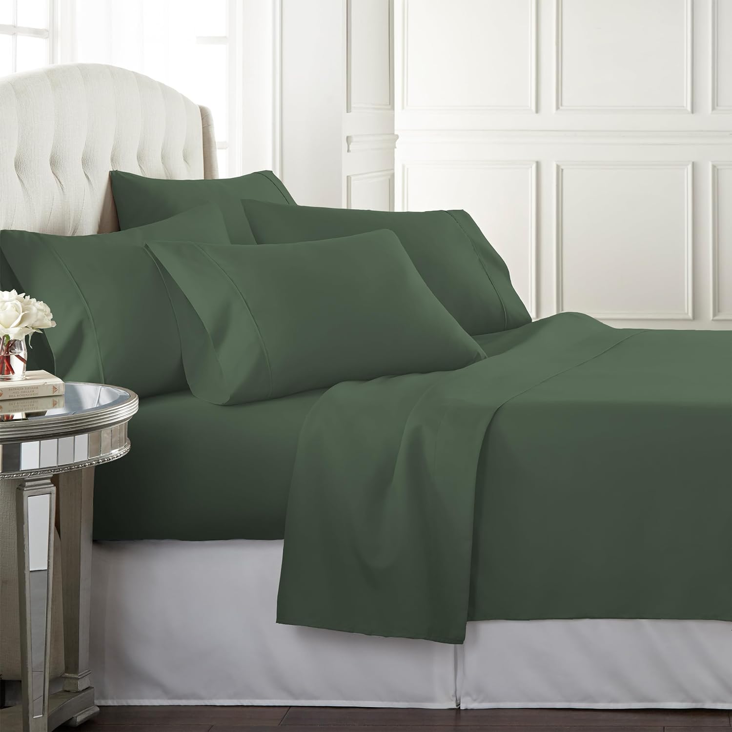 Danjor Linens Full Size Sheets Set - 6 Piece Set Including 4 Pillowcases- Deep Pockets - Breathable, Soft Bed Sheets - Wrinkle Free - Machine Washable - Dark Sage Bed Sheets - 6 pc