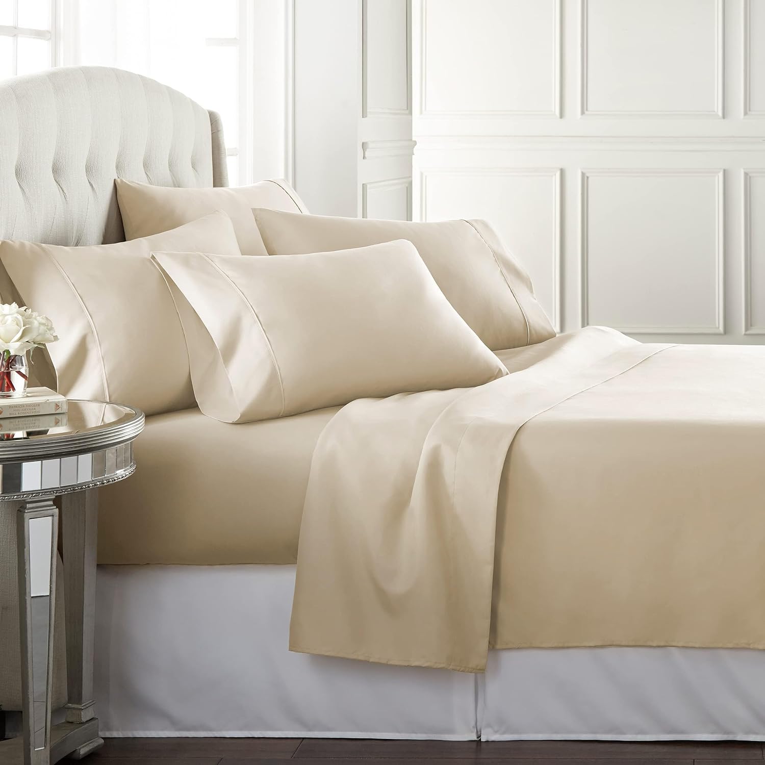 Danjor Linens Full Size Sheets Set - 6 Piece Set Including 4 Pillowcases- Deep Pockets - Breathable, Soft Bed Sheets - Wrinkle Free - Machine Washable -Cream Bed Sheets - 6 pc