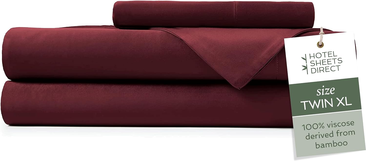 Hotel Sheets Direct 100% Viscose Derived from Bamboo Sheets Set Twin XL - Cooling Bed Sheets with 1 Pillowcase- Breathable, Moisture Wicking & Silky Soft Sheets Set- Burgundy