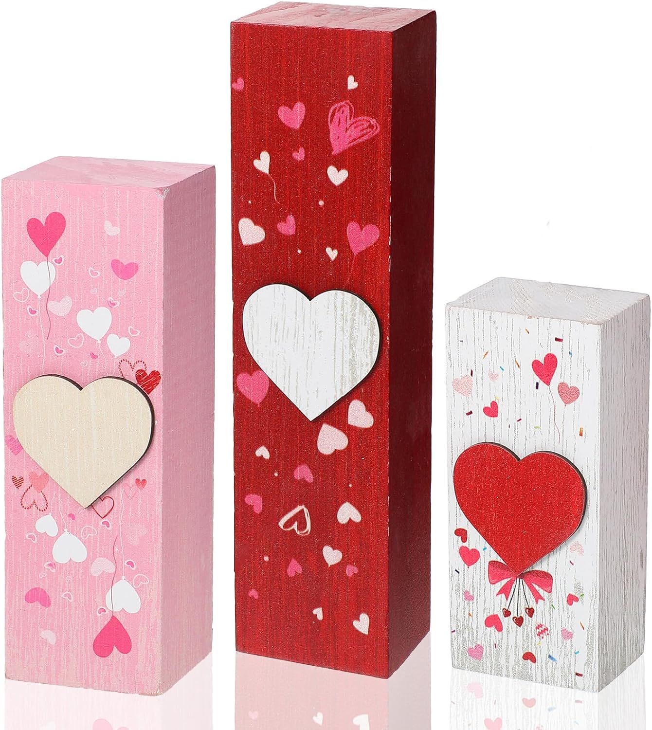 BBTO 3 Pcs Valentine' Day Decorations Valentine' Day Table Top Decor Valentines Tiered Tray Decor Heart Wood Block Sign Table Centerpiece for Valentine' Day Home Party Decor