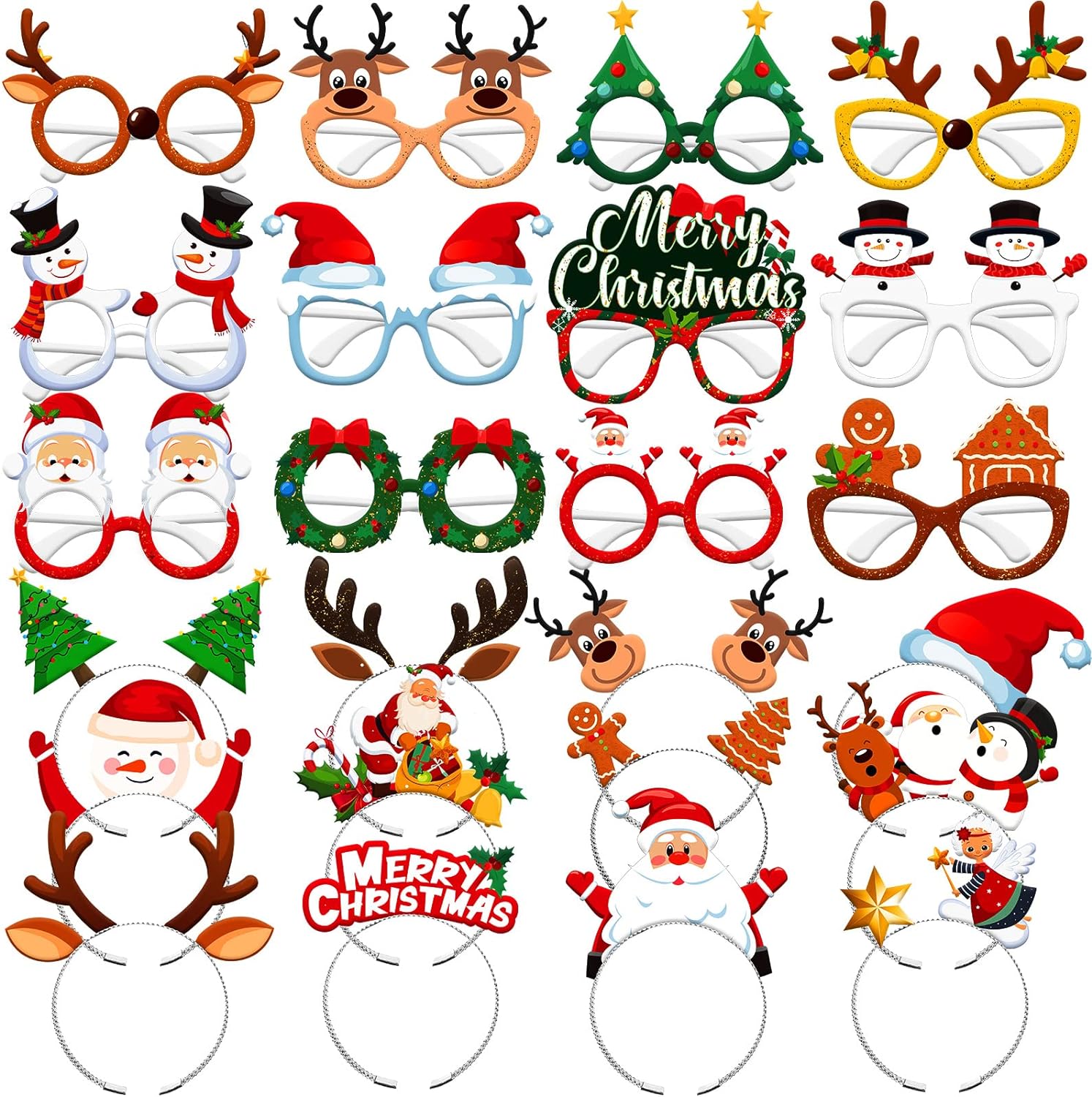 24 Pcs Christmas Headbands and Glasses Frames Bundle Set Glitter Christmas Glasses Fun Christmas Sunglasses Xmas Reindeer Costume Headbands for Kid Adult Photo Both Xmas Holiday Party Decoration Favor