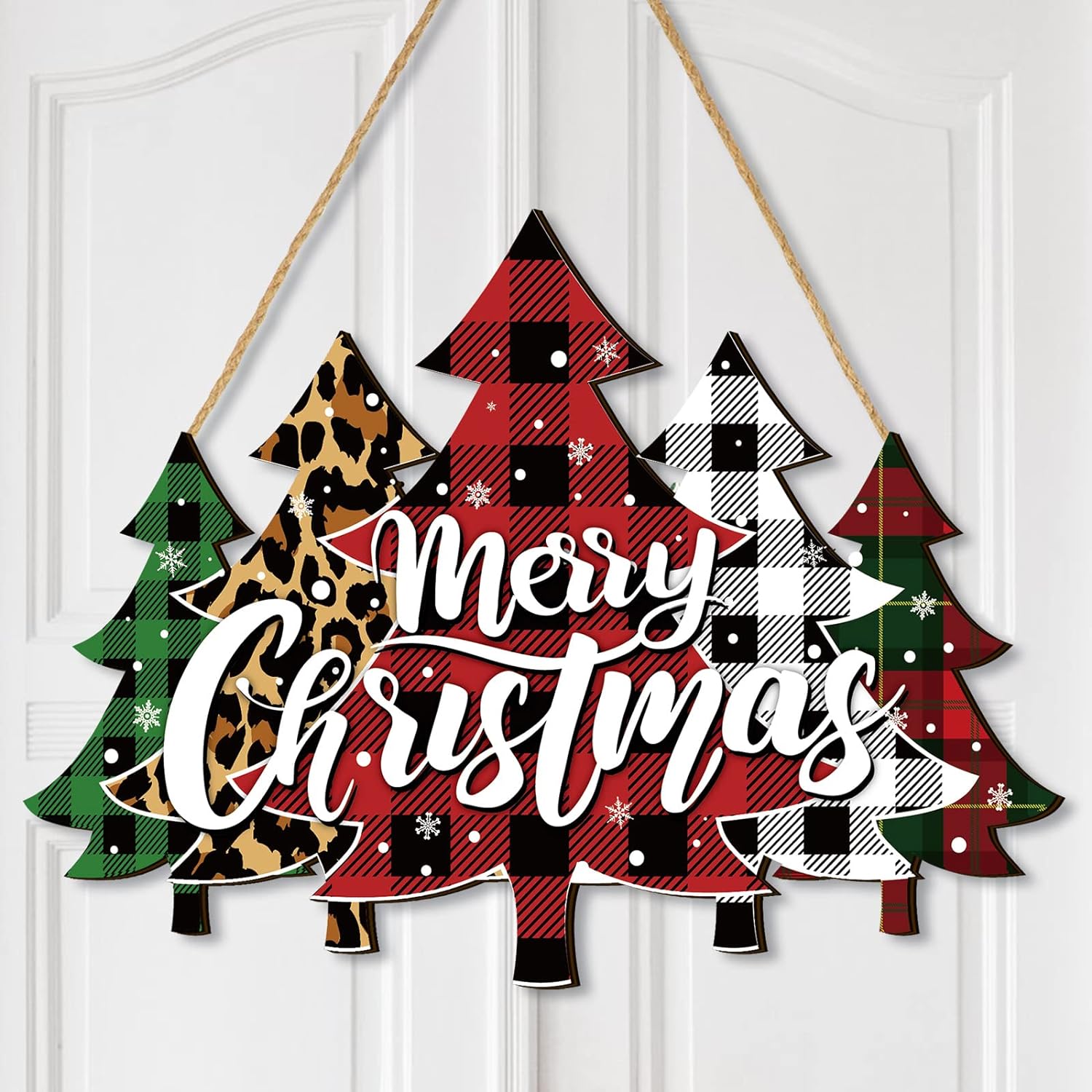 BBTO Merry Christmas Door Sign Buffalo Plaid Tree Wood Decor Farmhouse Hanging Plaque for Porch Xmas Front Outdoor Home Decor(Tree Style)