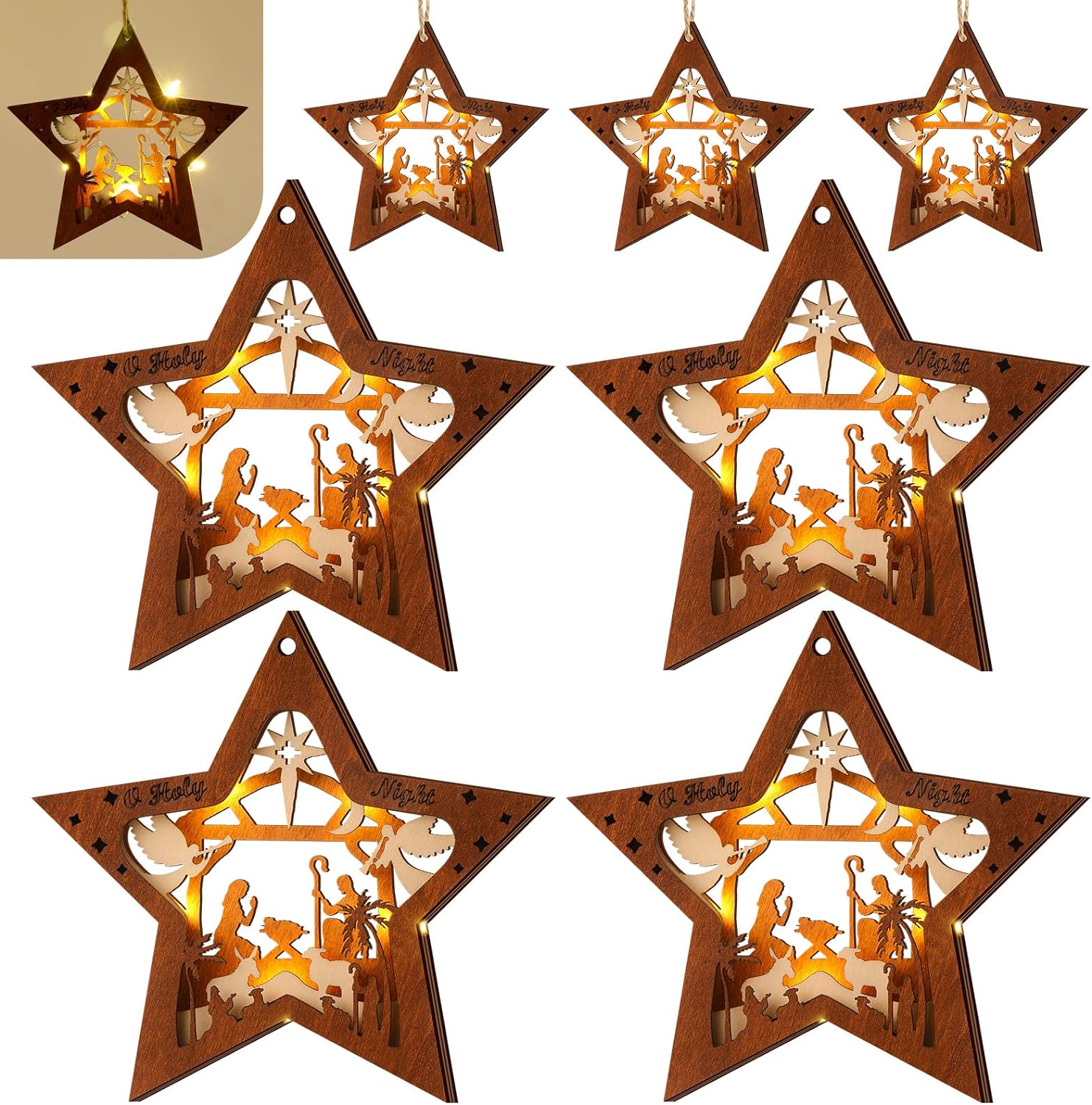 4 Pcs Christmas LED Nativity Scene Ornaments Multilayer Star Shaped Christmas Wooden Hanging Ornament Nativity Christmas Ornament Nativity Scene Keepsake The Birth of Jesus Decoration for Family