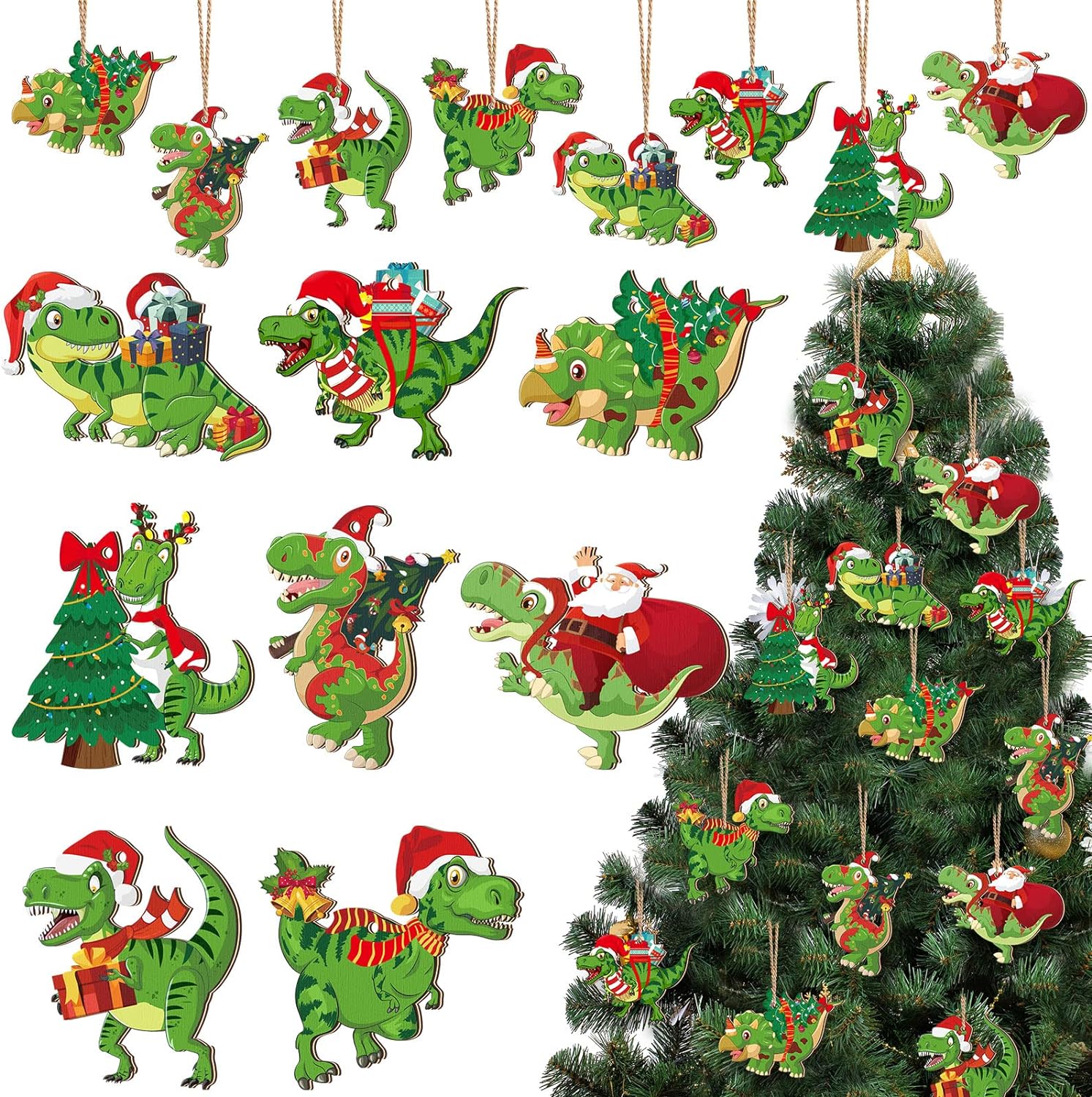 40 Pcs Christmas Dinosaur Ornament for Kids Christmas Tree Topper Ornaments Wood Decorative Hanging Dinosaur Wooden Ornaments for Christmas Tree Xmas Party Holiday Decoration