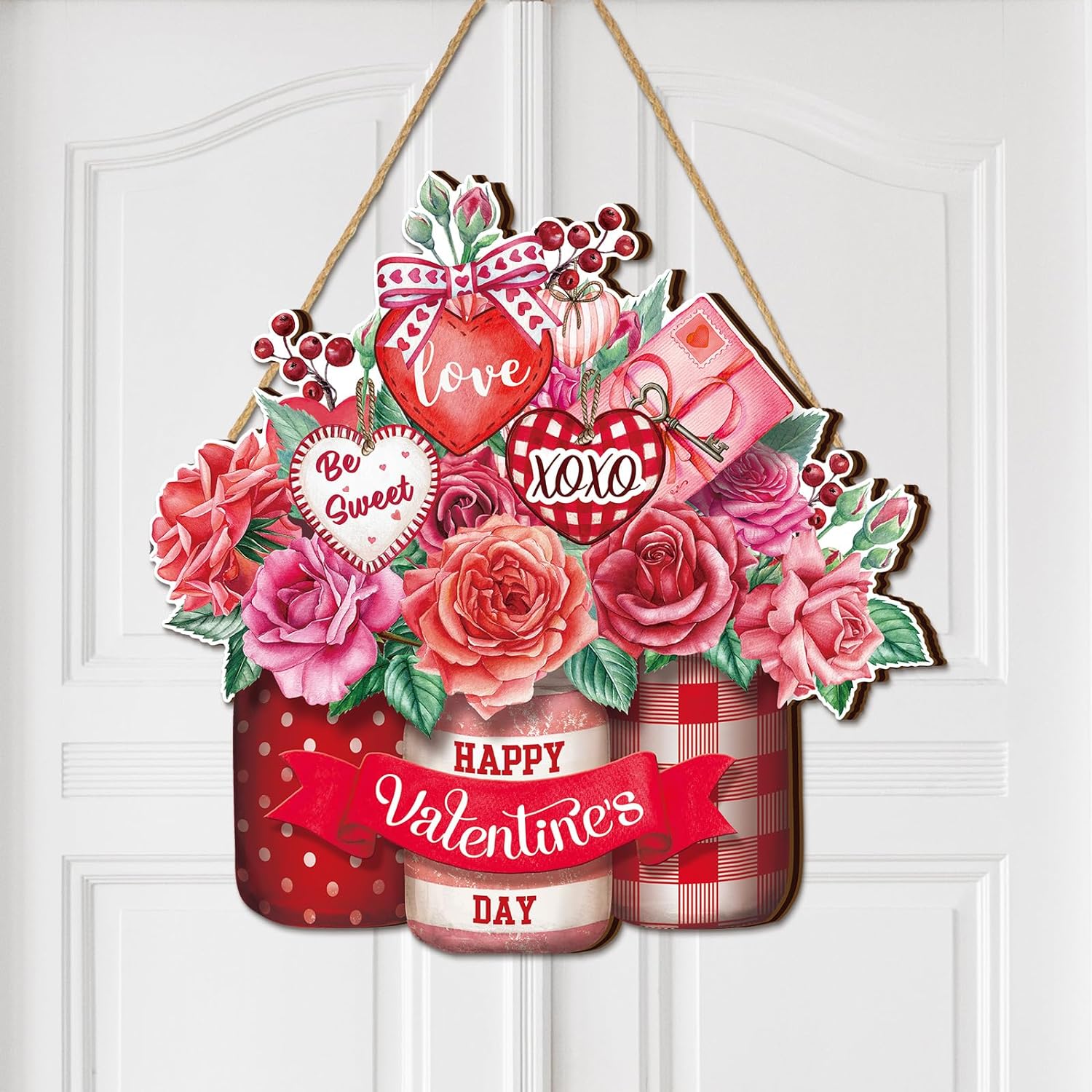 Happy Valentine' Day Door Sign Wooden Farmhouse Home Sign Welcome Sign with Heart Rose for Porch Farmhouse Valentine Front Door Outdoor Home Decor(Heart Style)