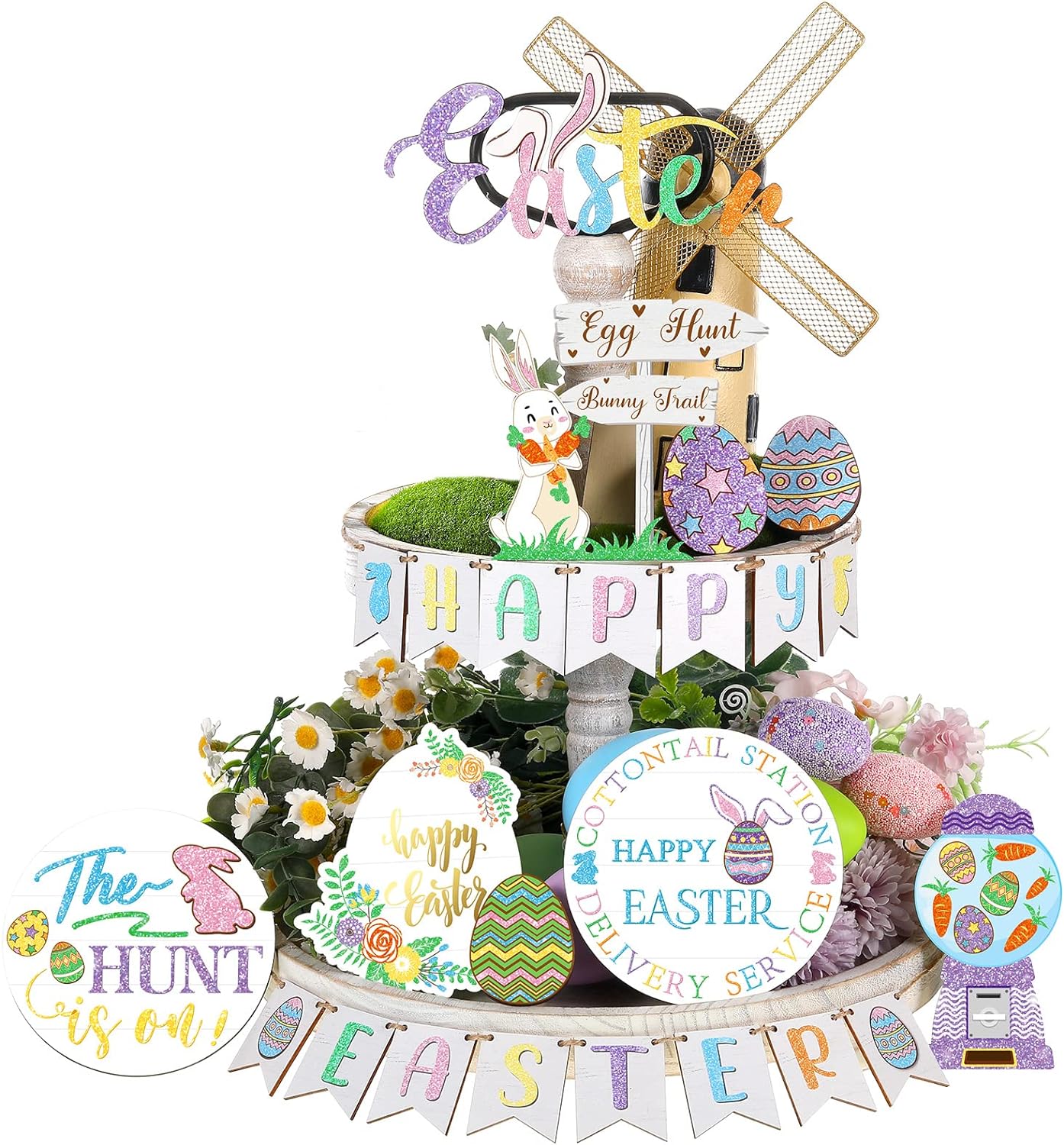 11 Pcs Easter Tiered Tray Decor Set Wood Easter Egg Decoration Easter Bunny Table Decor Rustic Farmhouse Ornaments for Easter Market Home Kitchen Holiday Party (Egg Style)