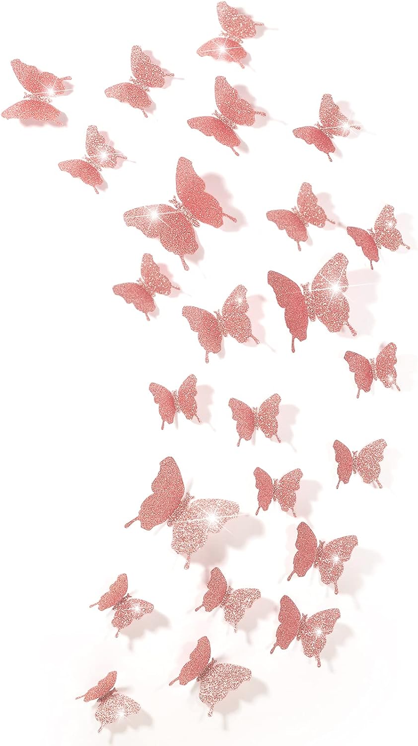 48 Pieces Butterfly Wall Decor DIY Mirror 3D Butterfly Stickers Removable Butterfly Decals for Home Nursery Classroom Kids Bedroom Bathroom Living Room Decor (Glitter Pink)