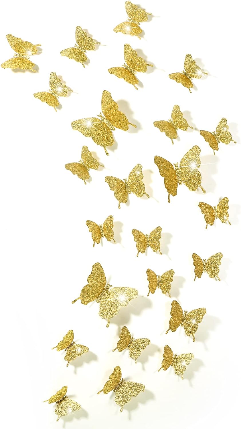 48 Pieces Butterfly Wall Decor DIY Mirror 3D Butterfly Stickers Removable Butterfly Decals for Home Nursery Classroom Kids Bedroom Bathroom Living Room Decor (Glitter Gold)