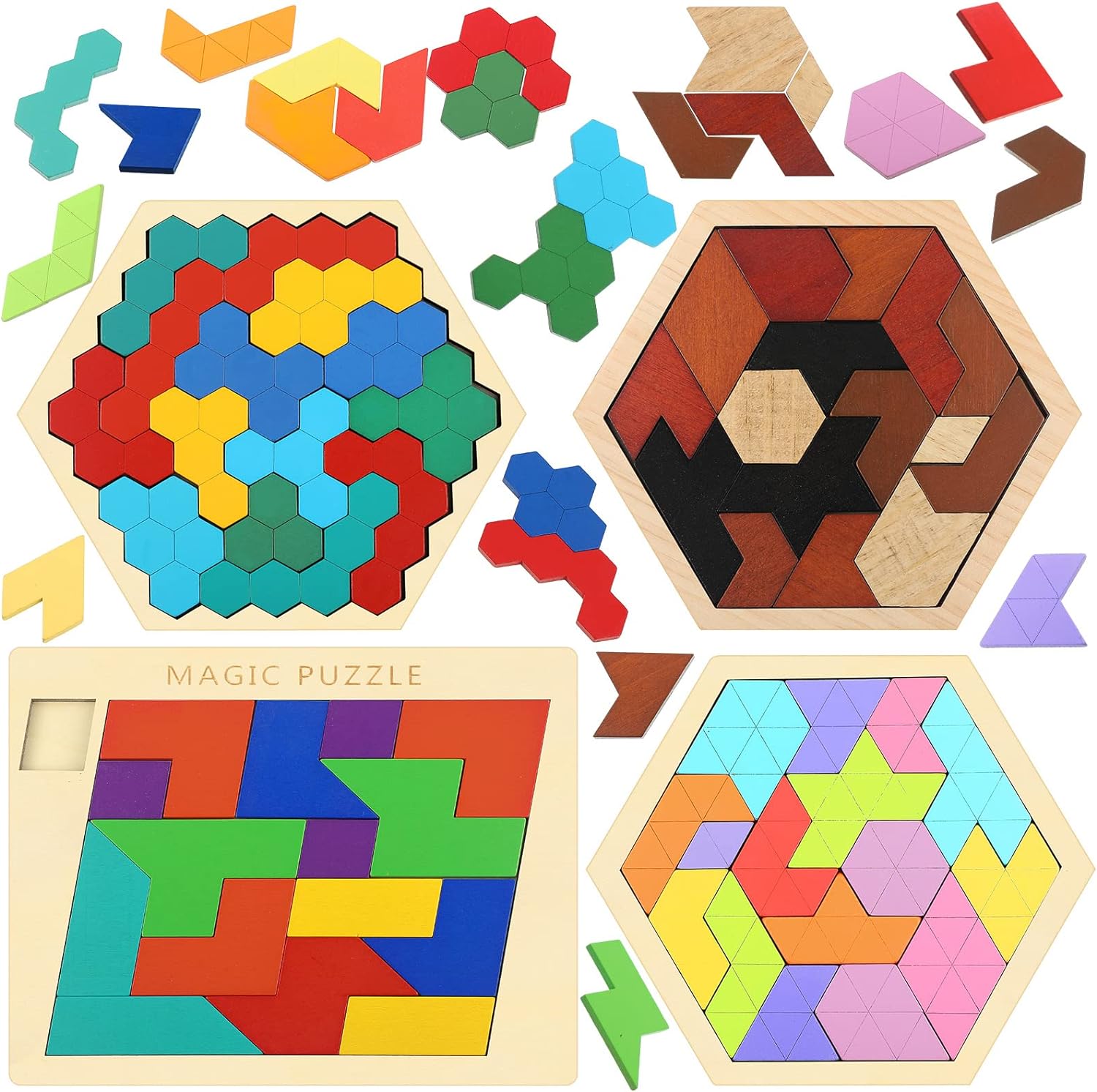 4 Pack Wooden Puzzle Blocks Hexagon Puzzle Geometric Tangram Jigsaw Shape Pattern Block Brain Teaser Toy Russian Blocks Logic IQ STEM Montessori Toy for All Ages Boys Girls Adults Intelligence