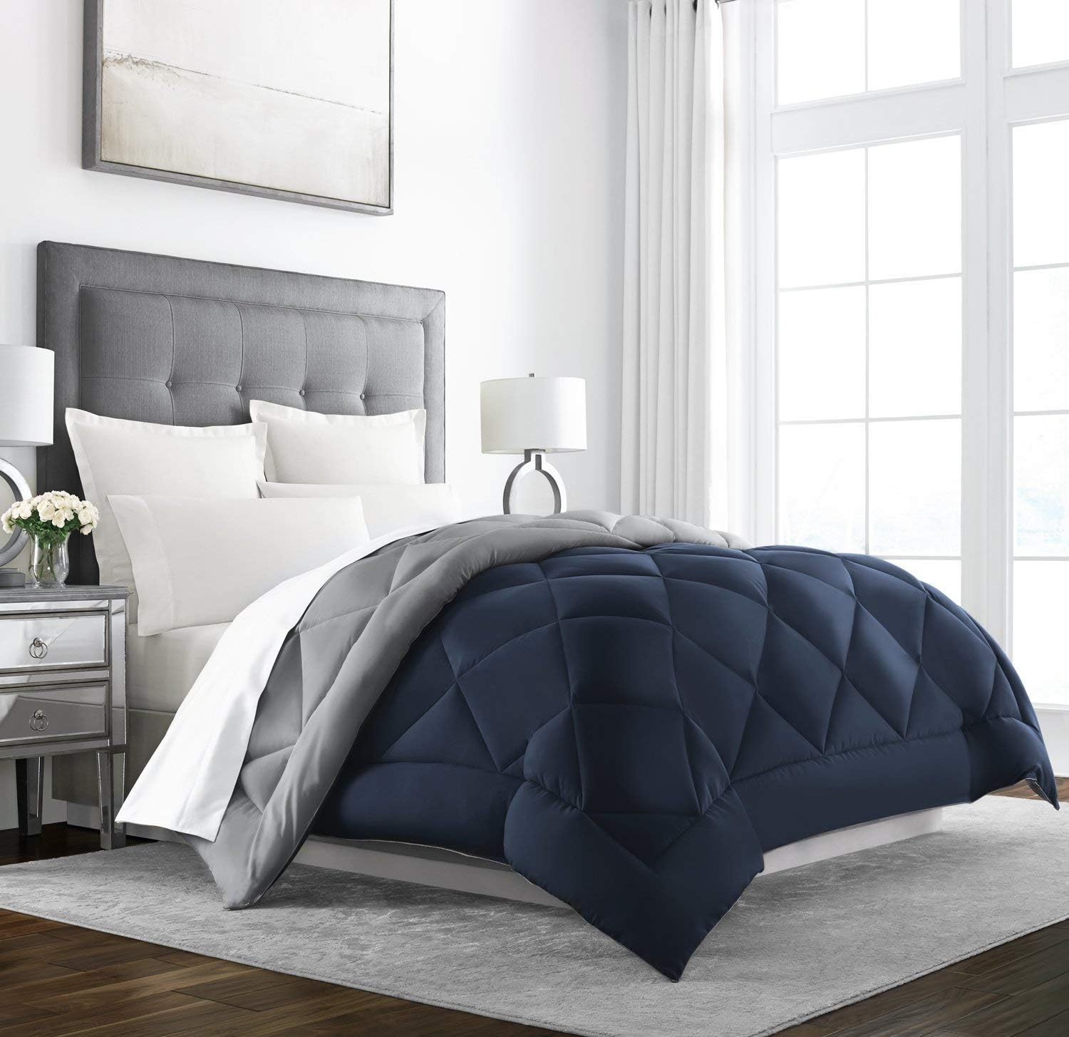 Sleep Restoration All Seasons Twin/Twin XL Size Comforter - Reversible - Cooling, Lightweight Summer Down Comforter Alternative - Hotel Quality Bedding Comforters - Navy/Sleet