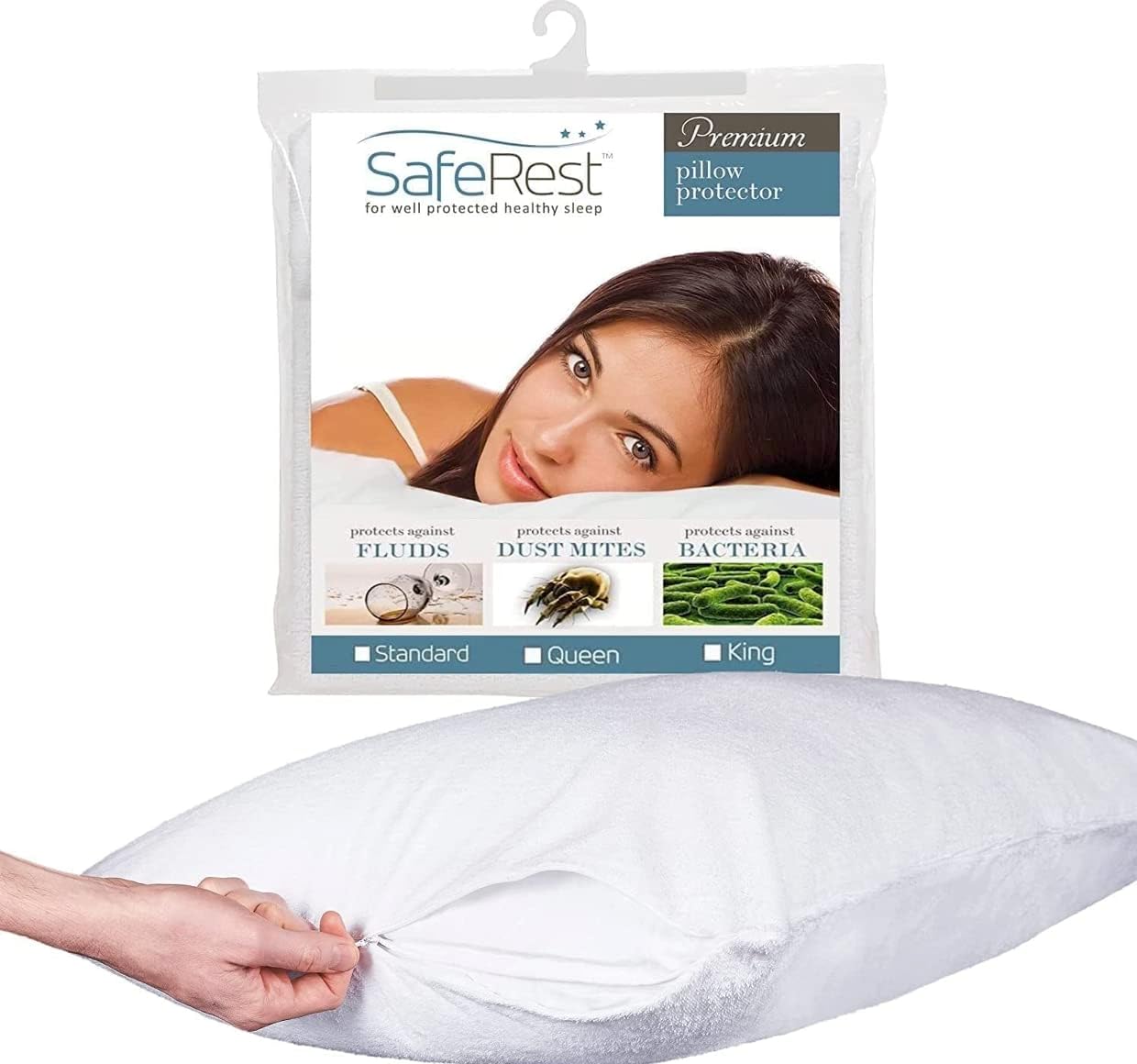 SafeRest Pillow Protector - Pack of 1 - Standard Size Waterproof Pillow Cover - Zippered Pillow Encasement for College Dorm Room, New Home, First Apartment - Cotton Terry, Waterproof, Breathable