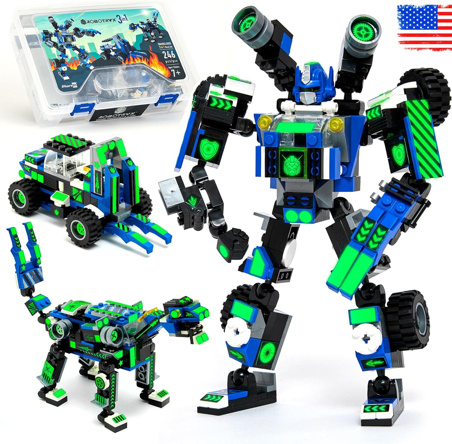 JITTERYGIT Robot Building Toy Gift for Boys, Perfect STEM Gift for Builders Ages 6, 7, 8, 9, and 10 Year Olds, Blue SnabGlider (246 Pcs) Robotryx