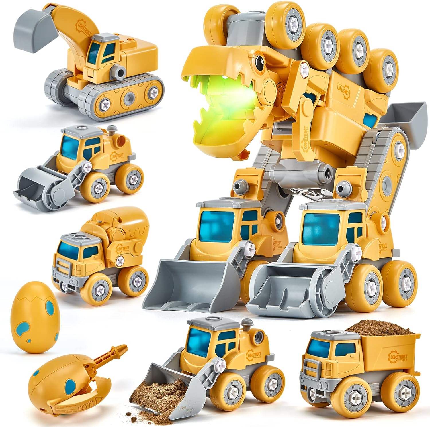 Toys for 5+ Year Old Boys - Take Apart Dinosaur Kids Toys Construction Vehicles 5 in 1 Transform into Dinosaur Robot STEM Building Toy for 5 6 7 8 Year Old Boys