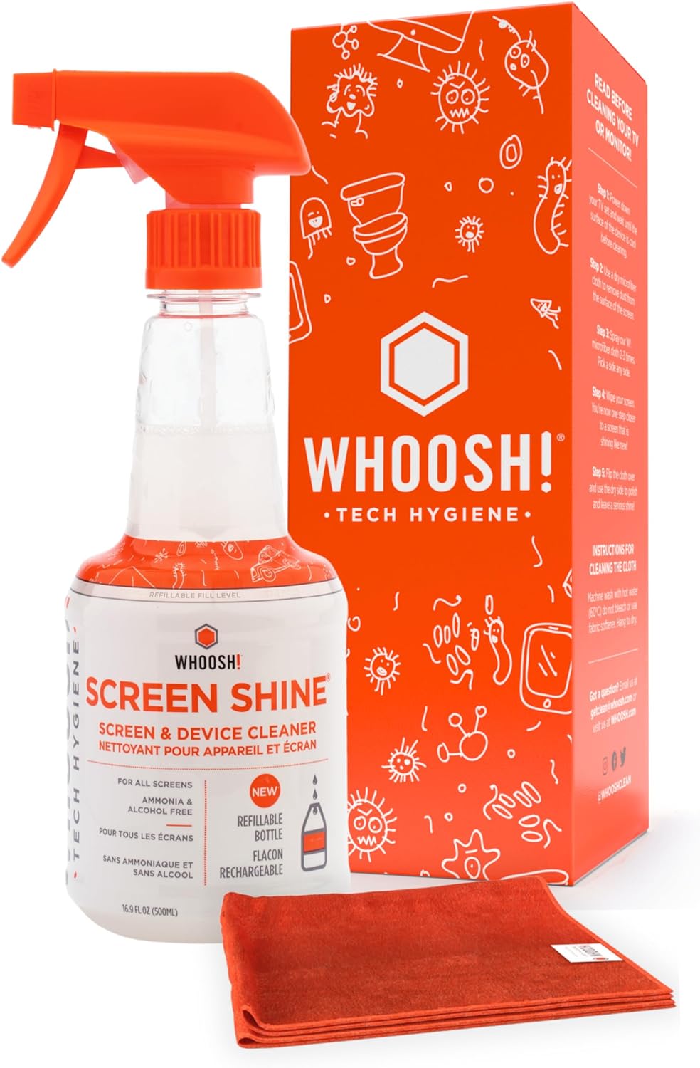 WHOOSH! 2.0 Screen Cleaner Kit - [New REFILLABLE 16.9 Oz ] Best for Smartphones, iPads, Eyeglasses, TV Screen Cleaner, LED, LCD,Computer, Laptop & Touchscreen - 16.9 Fl Oz Full Bottle + 1 Cloth