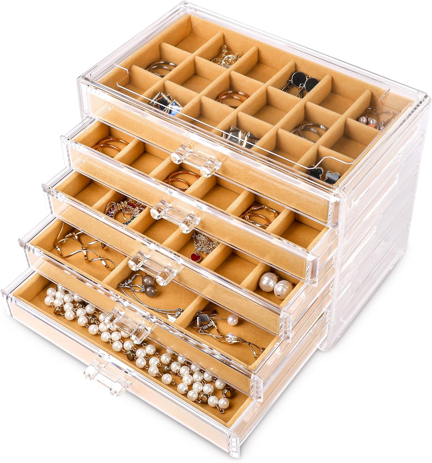 Frebeauty Acrylic Jewelry Organizer,Earring Organizer Box with 5 Drawers Clear Jewelry Box with Velvet Trays for Women,Stackable Earring Display Holder for Rings Studs and Bracelets(Khaki)