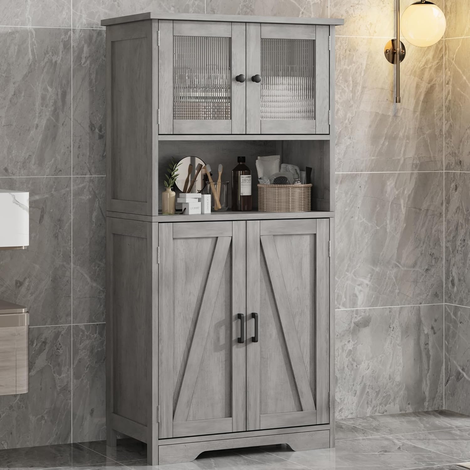 IDEALHOUSE Bathroom Cabinet, Freestanding Floor Linen Storage Cabinet, Kitchen Pantry Storage Cabinet with Glass Doors & Adjustable Shelves, Standing Cupboard,Storage Cabinet for Living Room, Gray