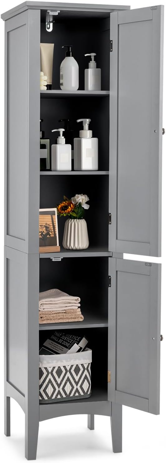 COSTWAY Tall Bathroom Storage Cabinet, 5-Tier Freestanding Linen Tower Cabinet with 2 Doors, Wooden Side Storage Organizer, Narrow Slim Floor Cabinet for Bathroom, Living Room, Kitchen (Grey)