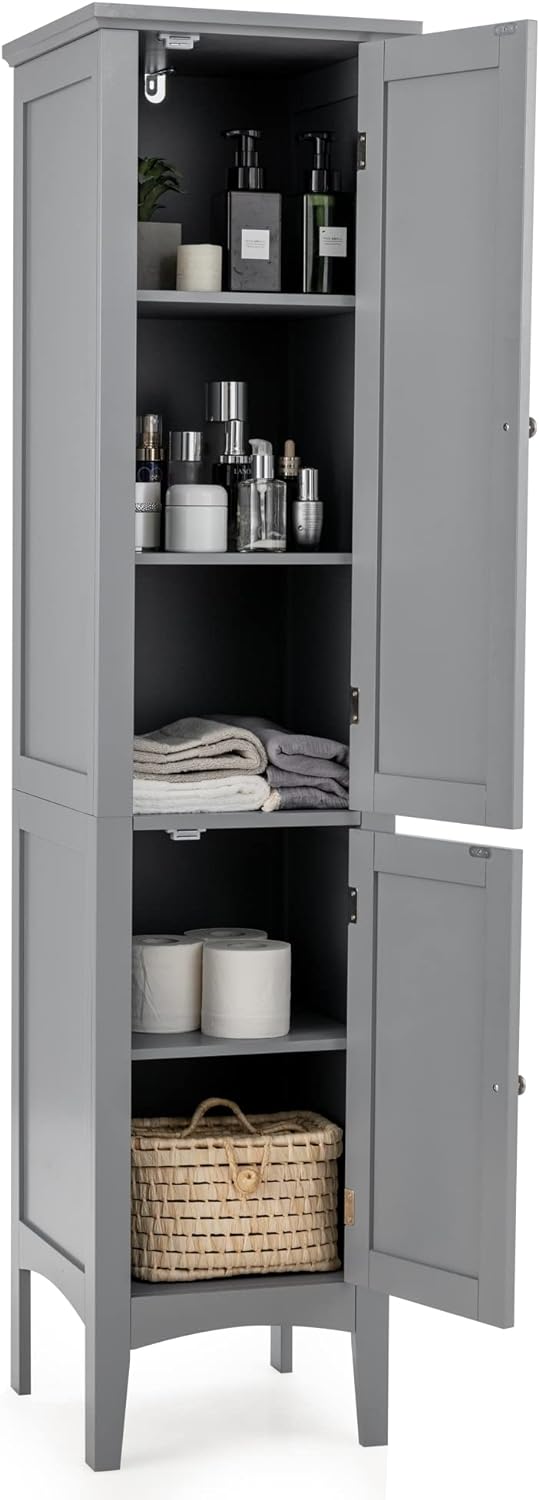 LOKO Tall Bathroom Floor Cabinet, Multifunctional Storage Cabinet with Doors, Narrow Slim Linen Tower for Bathroom, Living Room or Kitchen, 14.5 x 14.5 x 63 inches (Grey)