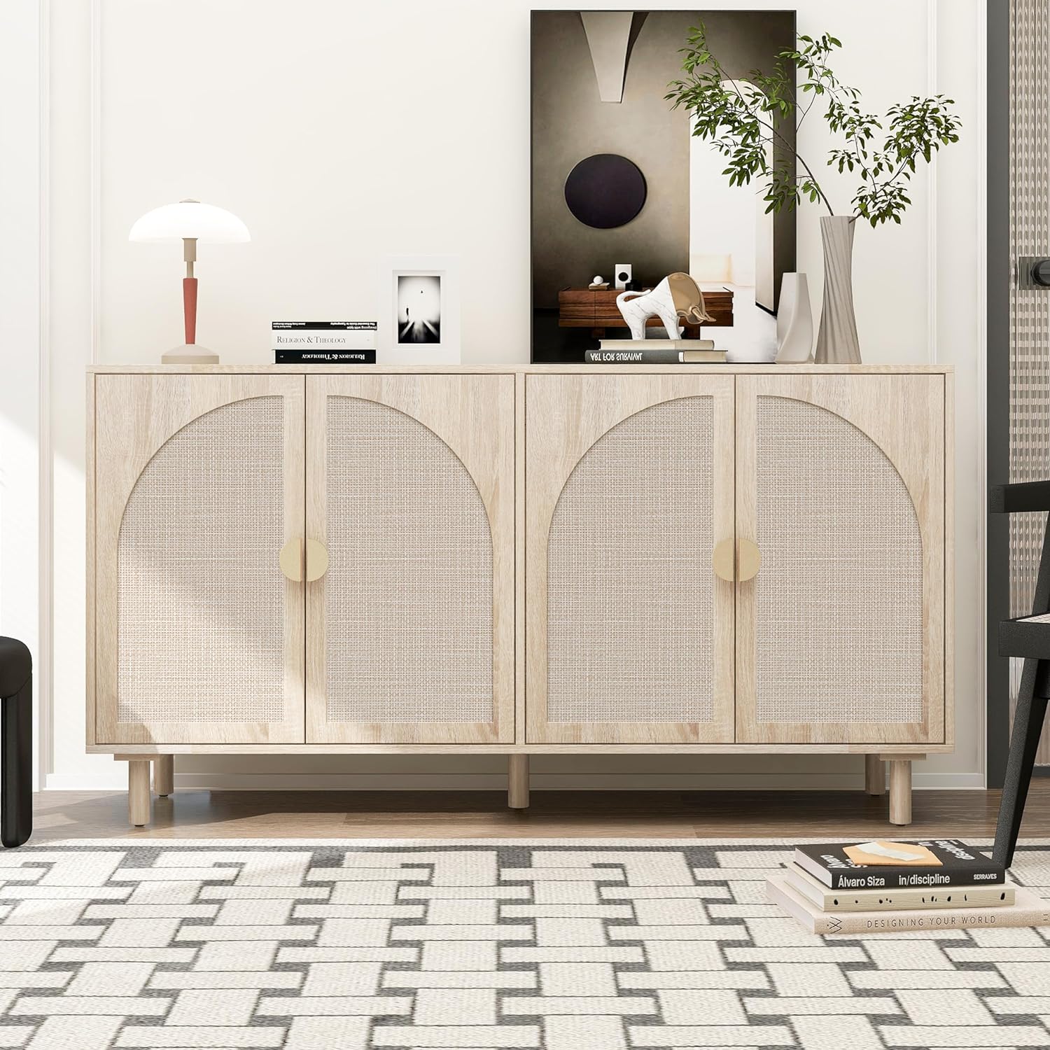 Sideboard Buffet Cabinet with Storage - Natural Rattan 4 Door Cabinet, Accent Storage Cabinet with Wicker Door, Boho Wood Credenza for Living Room, Bedroom, Dining Room, Kitchen (Beige)