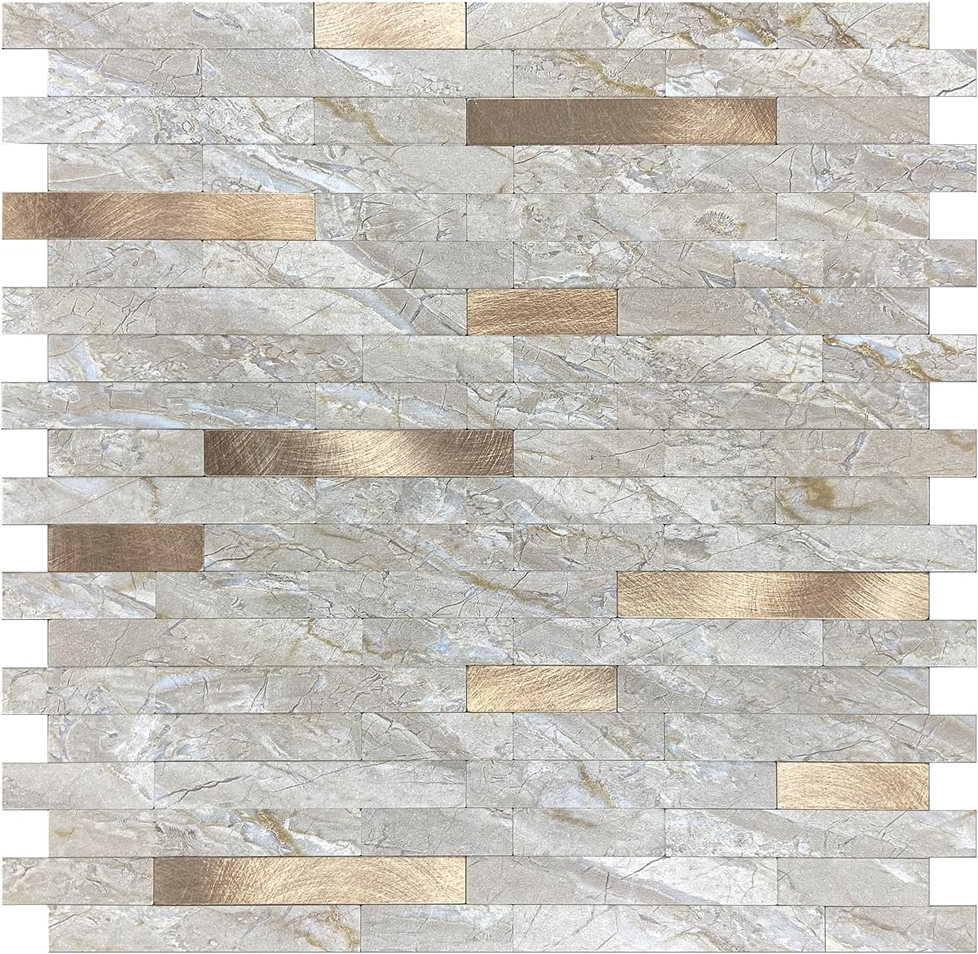 10-Sheet Peel and Stick Backsplash Tile, Faux White Marble Look PVC Mixed Metal Stick on Backsplash Tiles for Kitchen