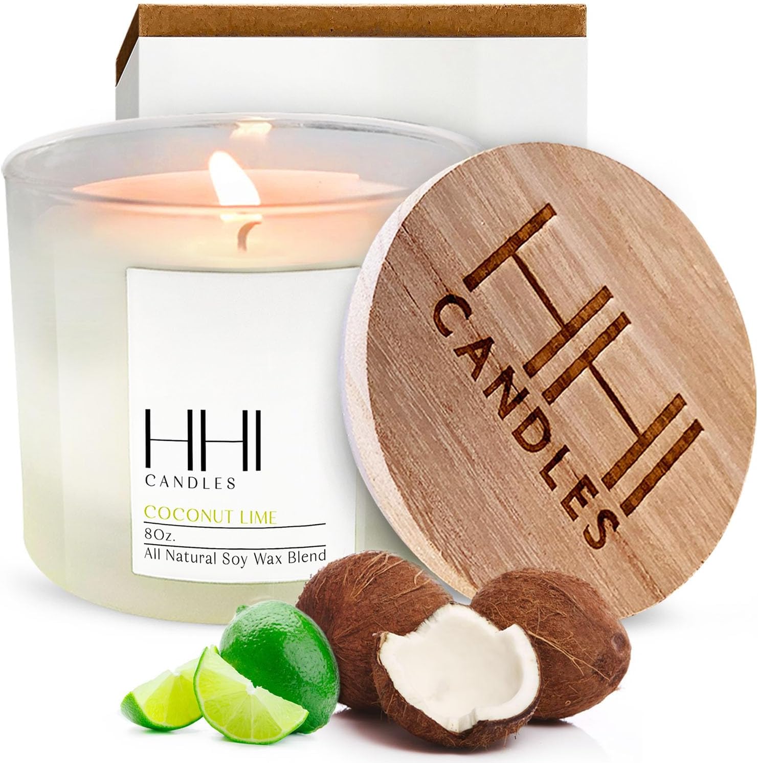 All-Natural Scented Soy Candle | Coconut Lime | A Blend of Coconut, Lime, and Suger | Large Eight Ounce Single Wick Candle | Long Burn time | Includes Bamboo Lid and Gift Box | HHI Candles