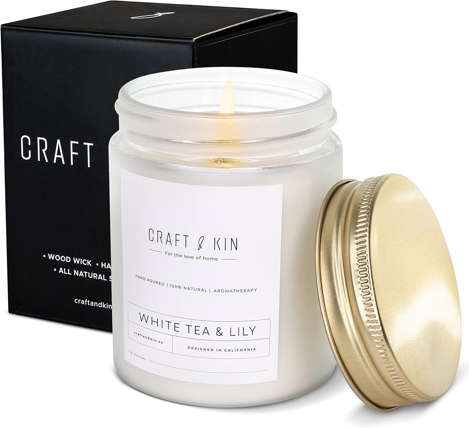 White Tea & Lily Scented Candle, Winter Candle, 8oz 45 Hour Burn Craft and Kin Candle, Mens Candles for Home, Soy Candles Scented, Wood Wicked Candles, Relaxing Aromatic Candles for Home Scented