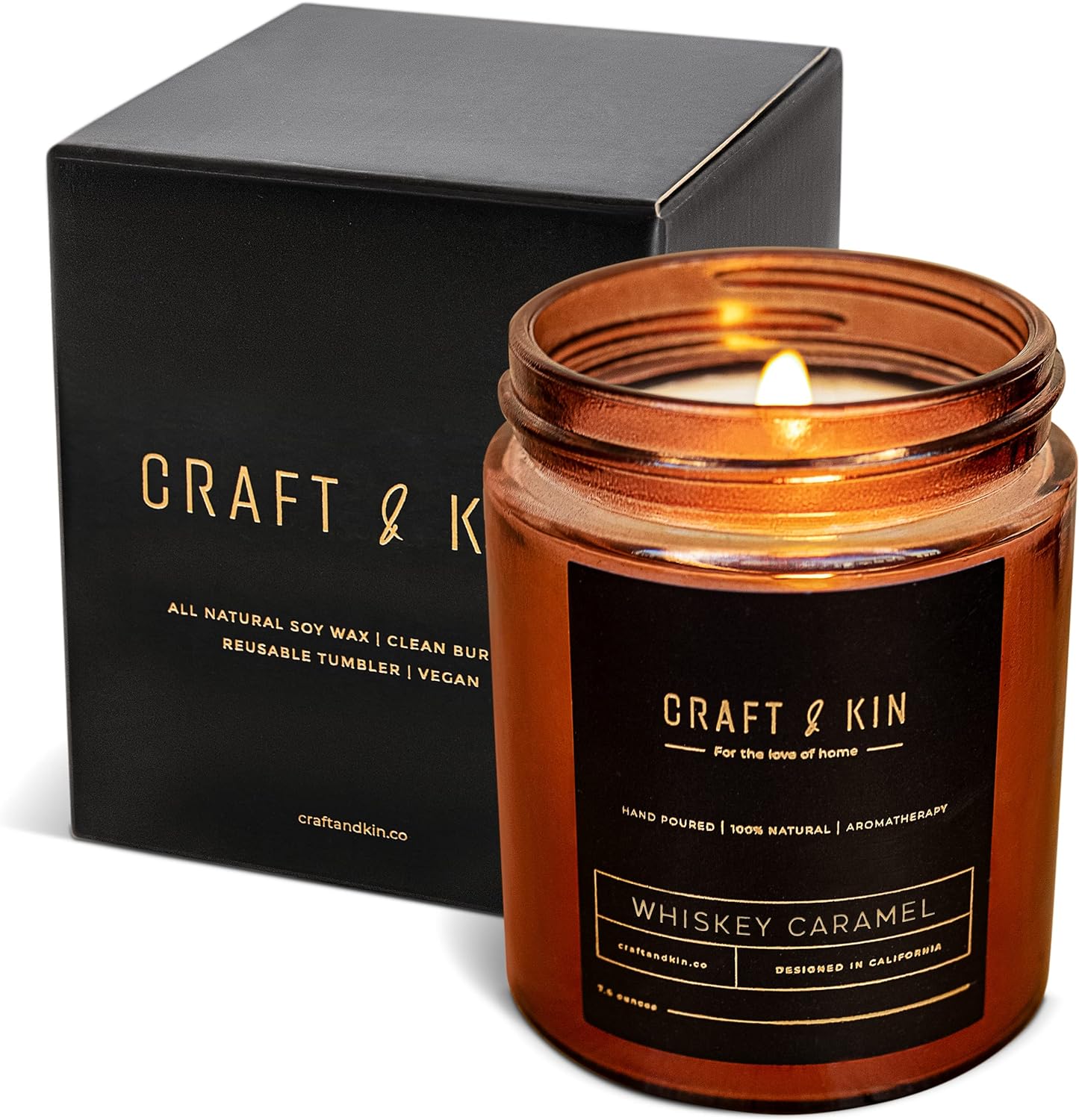 Craft & Kin Scented Candles for Men | Premium Whiskey Caramel Scented Candle | All-Natural Soy Candles, Rustic Home Decor Valentine Candles, Non-Toxic Ultra Clean Burn Aromatherapy Amber Jar Candle