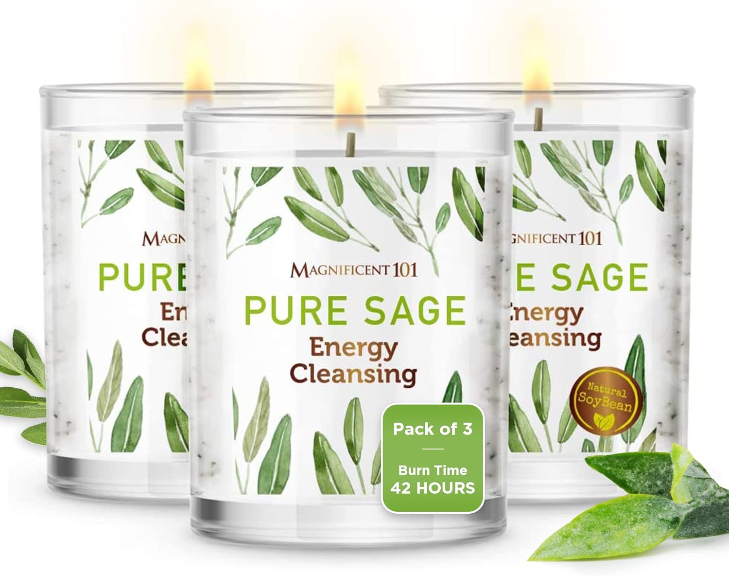 Magnificent 101 Set of 3 Long Lasting Pure Sage Smudge Candles | 42 Hour Burn - 3.5 Oz Each | Made of Soy Wax Candle for House Energy Cleansing, Meditation & Manifestation