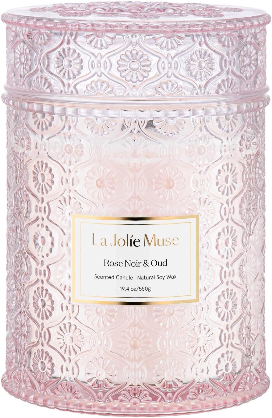 LA JOLIE MUSE Rose Noir & Oud Scented Candle, Rose Candle for Home, Candle Gift for Women, Wood Wicked Glass Jar Candles for Home Scented, Large Candle, Long Burning Time, 19.4 Oz