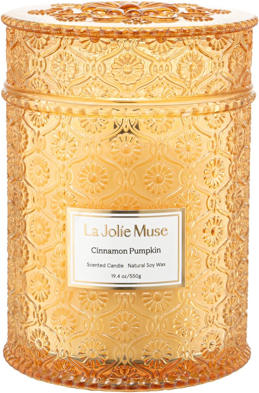 LA JOLIE MUSE Pumpkin Cinnamon Candle, Natural Soy Candle, Candles for Home Scented, Large Jar Wood Wick Candle, Fall Candle, 19.4 Oz