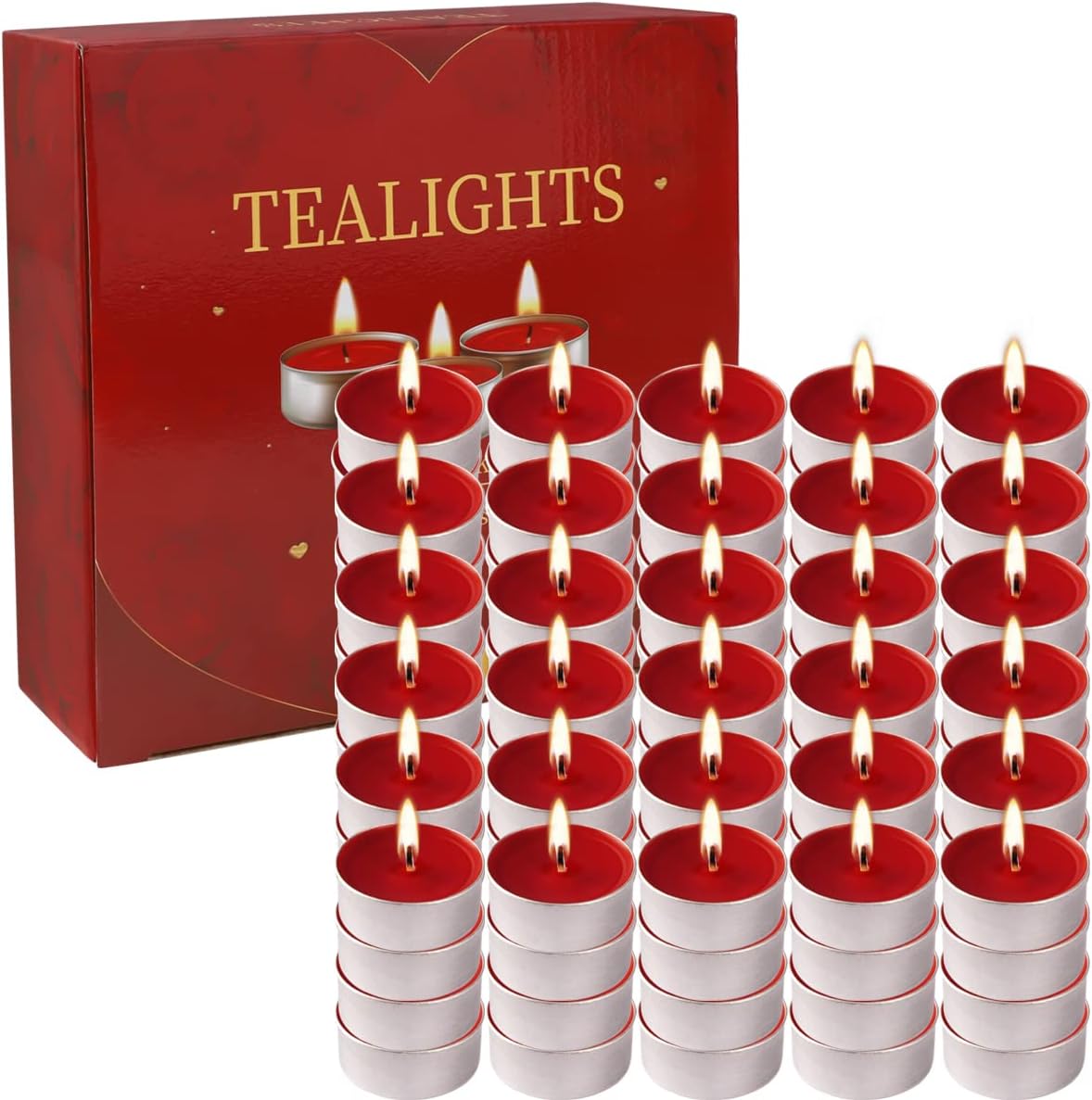 100 Packs Red Tealight Candles,Romantic Love Unscented Tea Lights Candles,Dripless & Long Lasting Smokeless Mini Tealight Candles for Mood,Romantic Decor,Pool,Dinners,Home,Wedding,Crafts(Red)