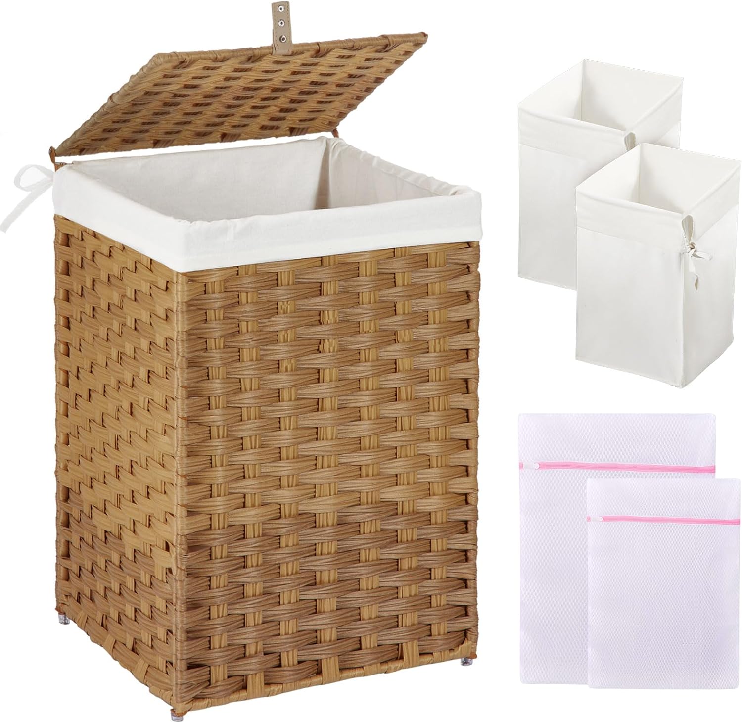 GREENSTELL Laundry Hamper with Lid, 60L Clothes Hamper with 2 Removable Liner Bags & 2 Mesh Laundry Bags, Handwoven Synthetic Rattan Laundry Basket for Clothes, Toys in Bathroom, Bedroom Natural