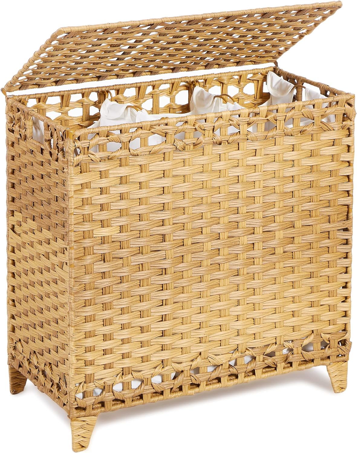 Laundry Hamper with 3 Removable Liner Bags; 132L Handwoven Rattan Laundry Basket with Lid & Heightened Feet; Clothes Hamper with Side Handles; Laundry Sorter with 3 Separate Sections (Natural)