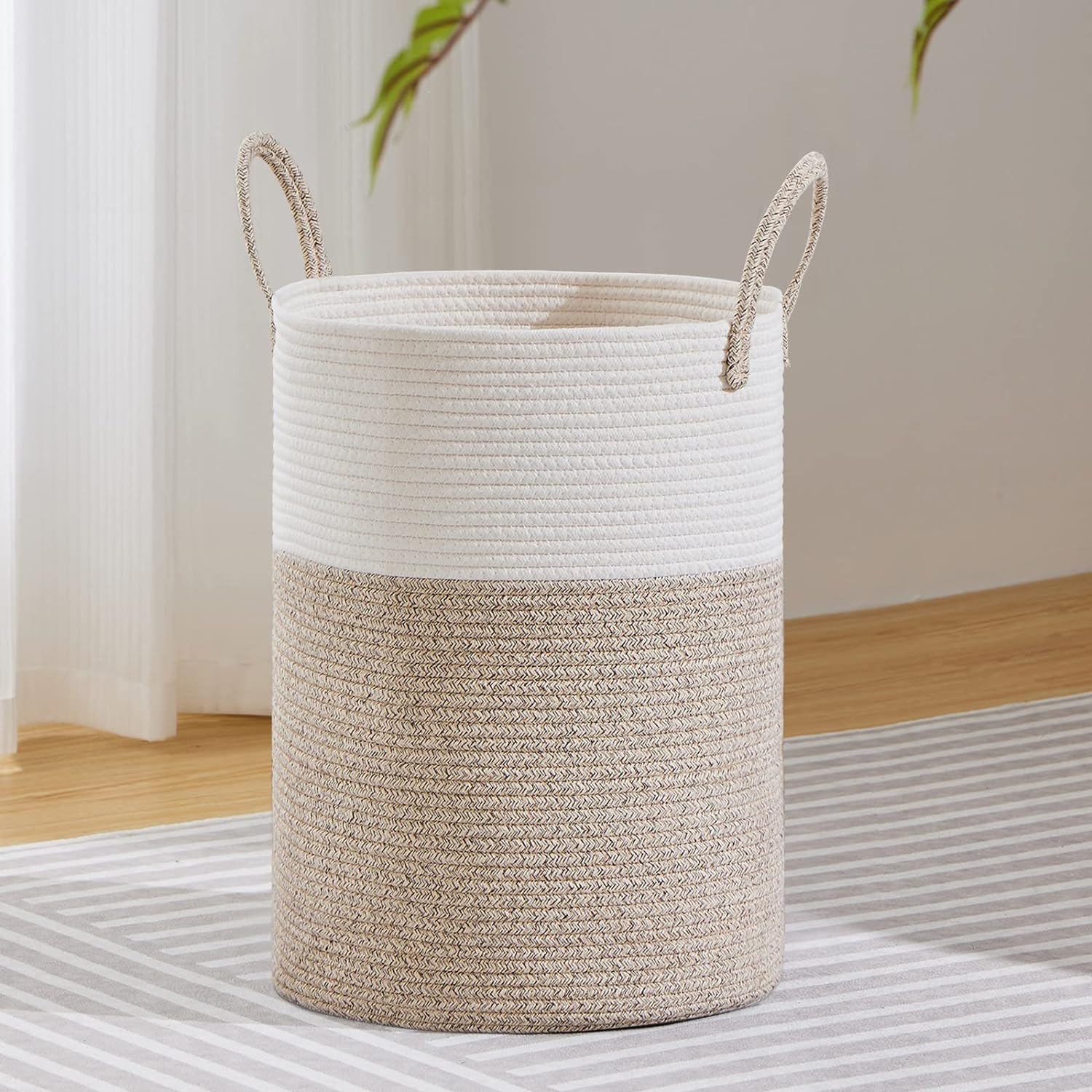 VIPOSCO Large Laundry Hamper, Tall Woven Rope Storage Basket for Blanket, Toys, Dirty Clothes in Living Room, Bathroom, Bedroom - 58L White & Brown