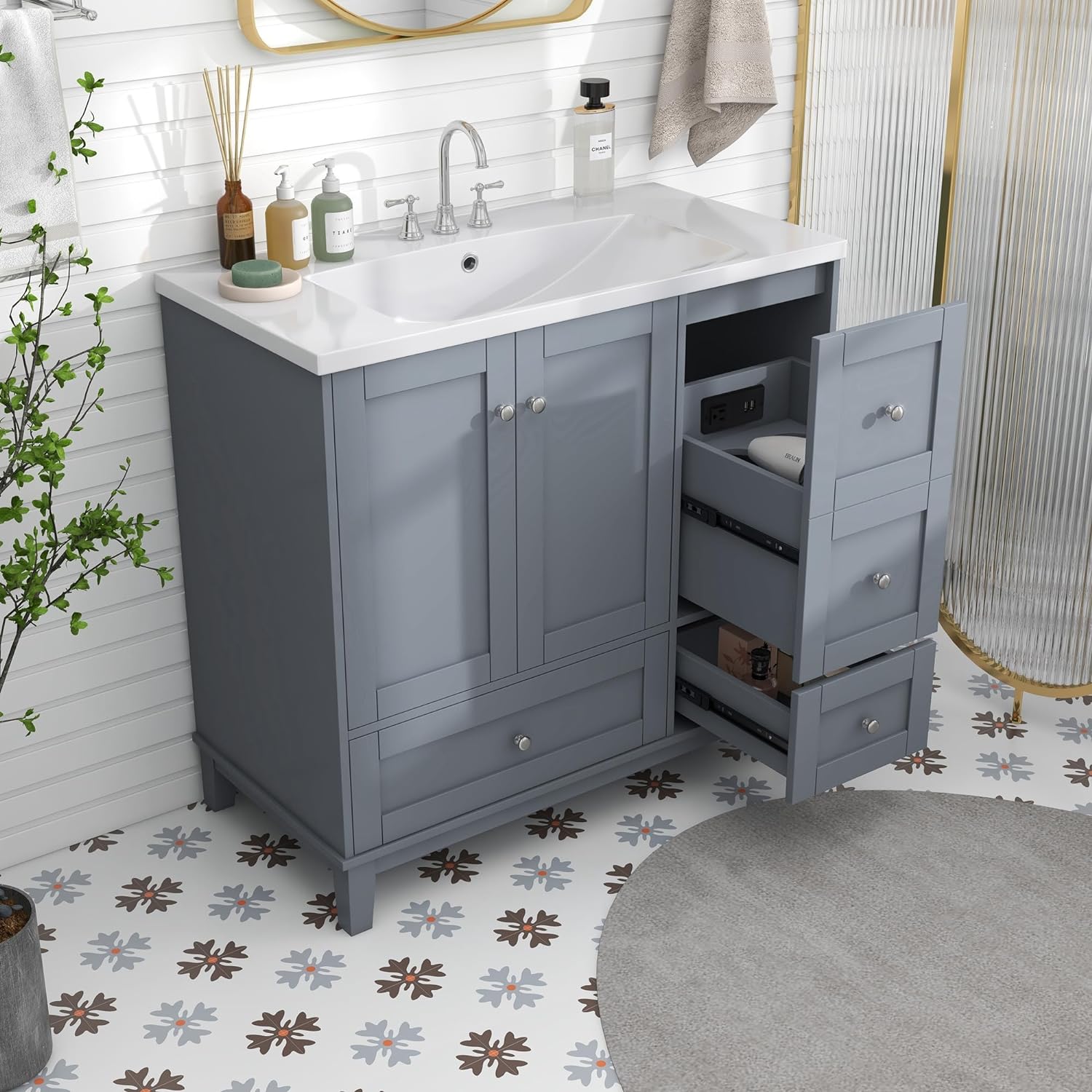 Merax 36 Bathroom Vanity, Modern Bathroom Vanity with USB Charging, Two Doors and Three Drawers Bathroom Storage Vanity Cabinet, Small Bathroom Vanity Cabinet with Single Sink, Gray Blue