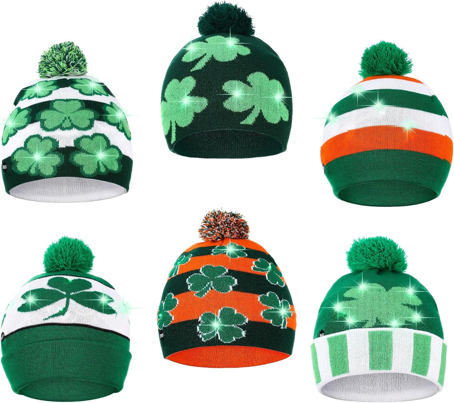 6 Pieces St. Patrick' Day LED Light up Green Shamrock Beanie Clover LED Knitted Hat Winter Hat Light Irish Knit Beanie for Men and Women Party Holiday Green Clover Ski Cap