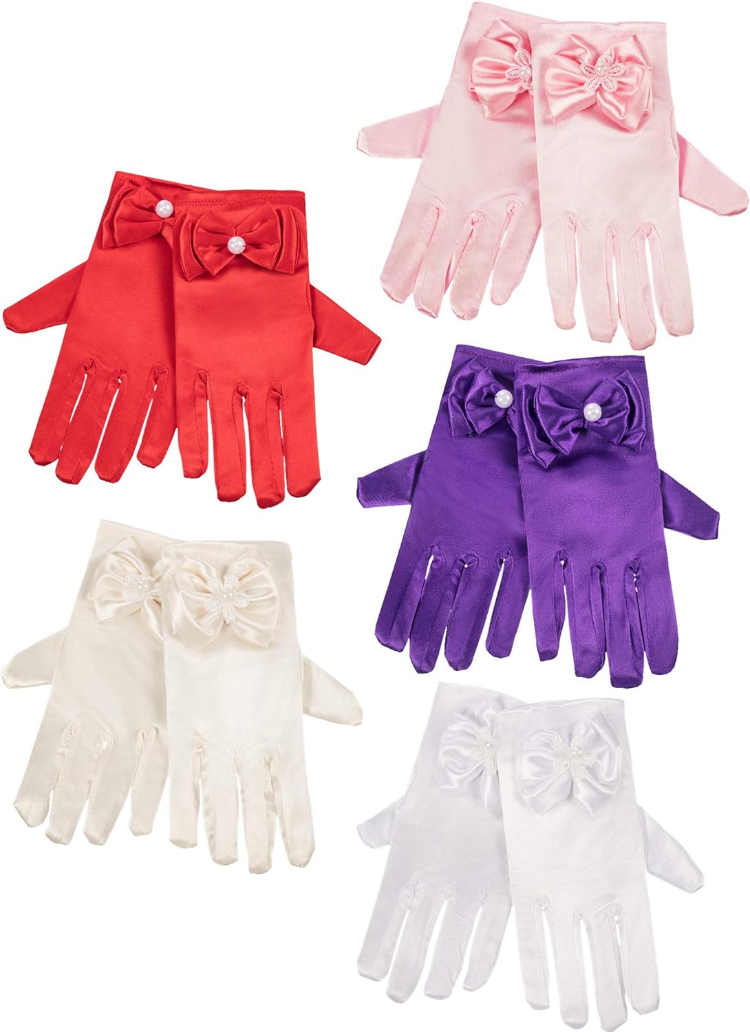 Zhanmai 5 Pairs Little Girls Gloves Tea Party Dress Gloves Silky Satin Wrist Length Bows Fancy Formal Gloves for Age over 3 Years Kids Toddlers Party Costume Decoration, 5 Colors