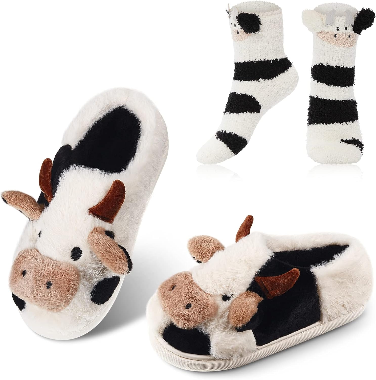 Zhanmai Fuzzy Cow Slippers Women Cartoon Slipper Cotton Kawaii Socks Animal Warm Slippers Cute Indoor Non Skid House Slipper