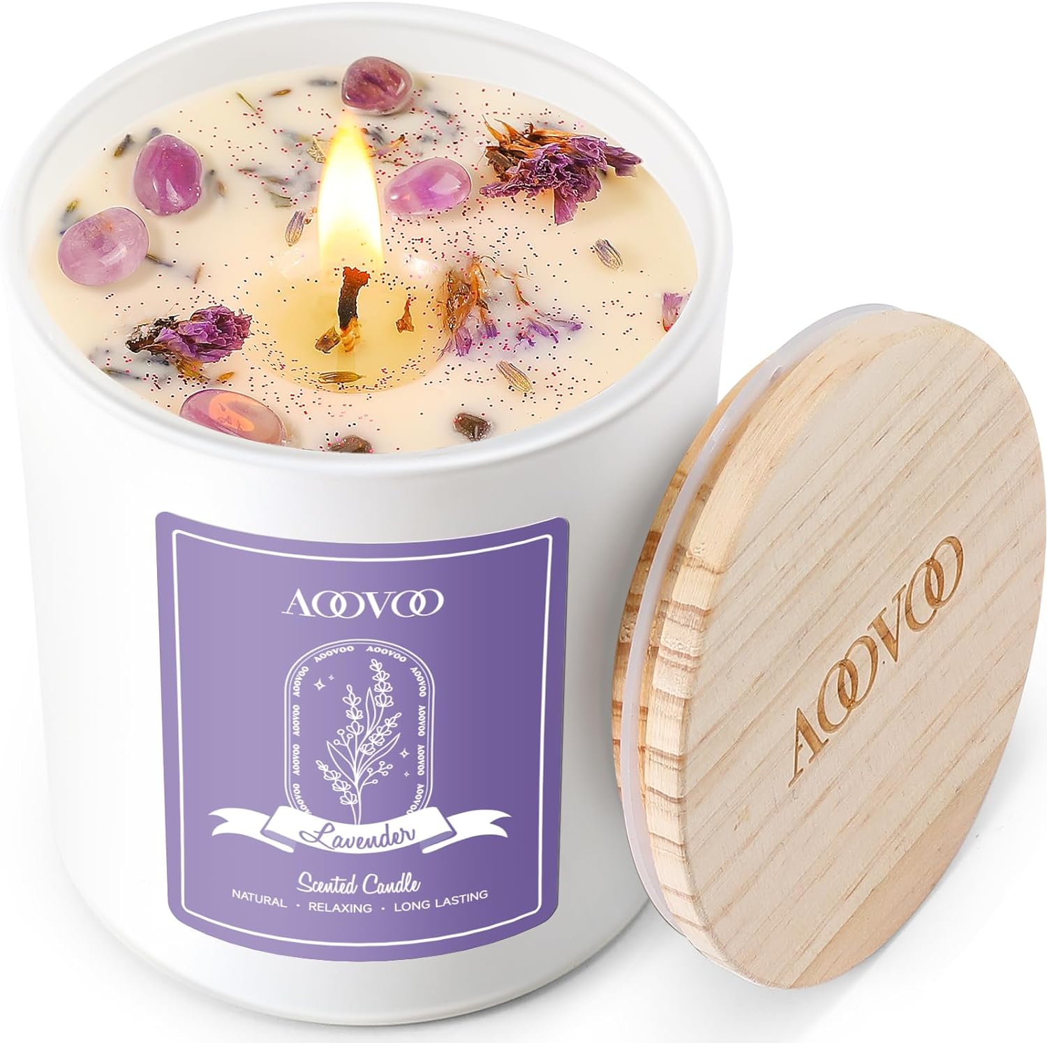 Lavender Scented Candles Gift for Women - Aromatherapy Candle with Crystals Inside, 10oz 100% Natural Soy Wax Candles for Home Scented 60H Burn, Candle Gift for Mothers Day Birthday Valentine' Day