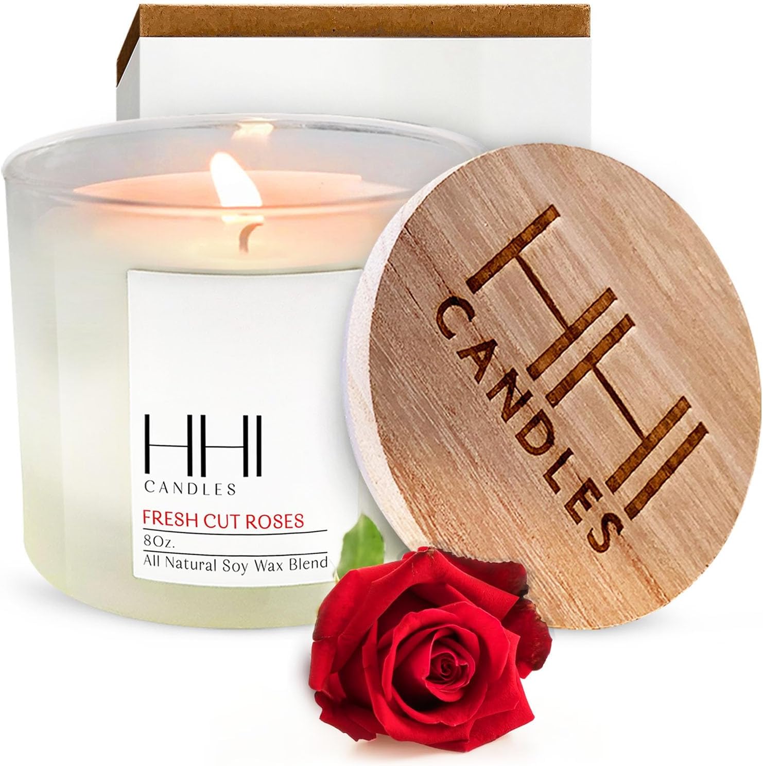 Rose Candle | Rose Scented Candles All-Natural Soy Candle | Fresh Cut Roses | Transports You to Your Rose Garden | Large 8 Ounce one Wick Candle | Includes Bamboo Lid and Gift Box | HHI Candles