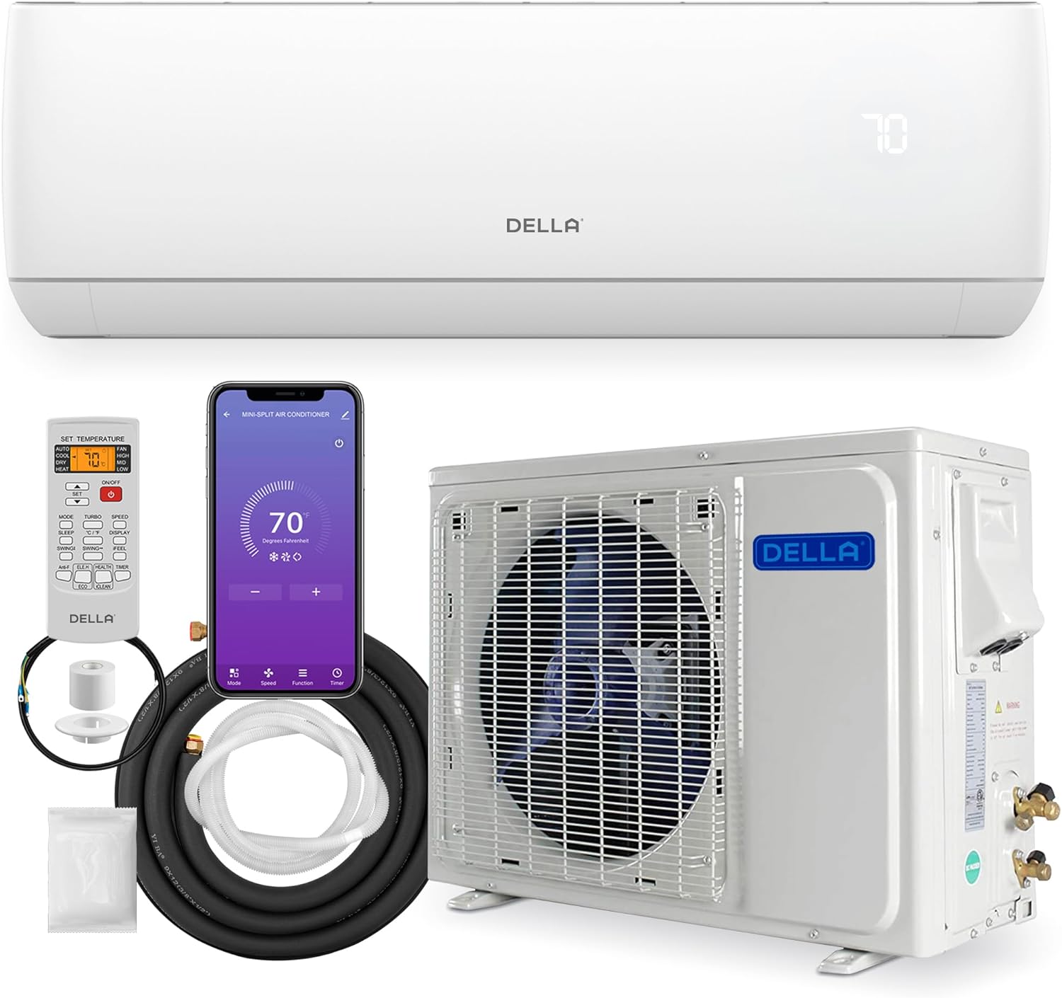 DELLA 9000 BTU Wifi Enabled Mini Split 17 SEER2 Cools Up to 450 Sq.Ft, 208V-230V, Works with Alexa, Air Conditioner & Heater with Pre-Charged 3/4 Ton Heat Pump (R32 Refrigerant) (JA Series)