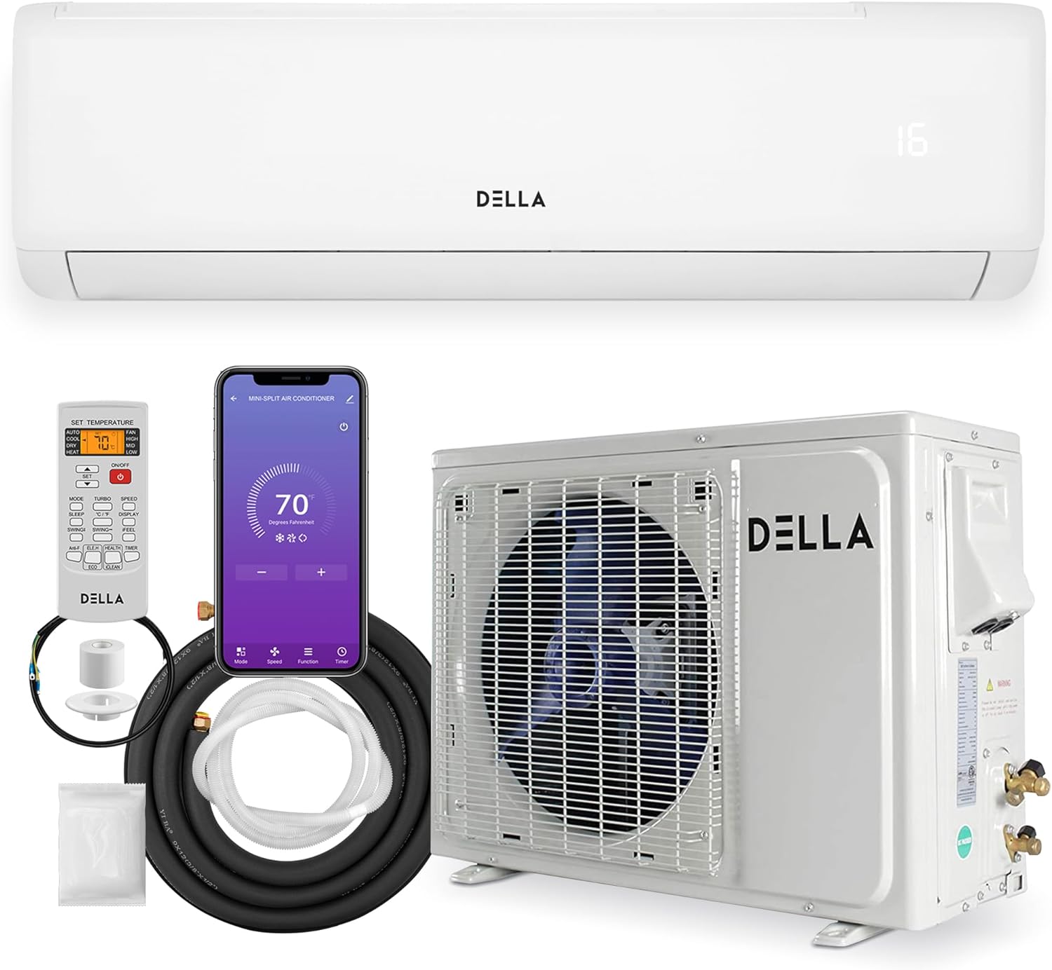 DELLA 18000 BTU Mini Split AC 21 SEER2 Cools Up to 1000 Sq.Ft, 208-230V, Wifi Enabled Air Conditioner & Heater with 1.5 Ton Pre-Charged Heat Pump (R32 Refrigerant) (QC Series)