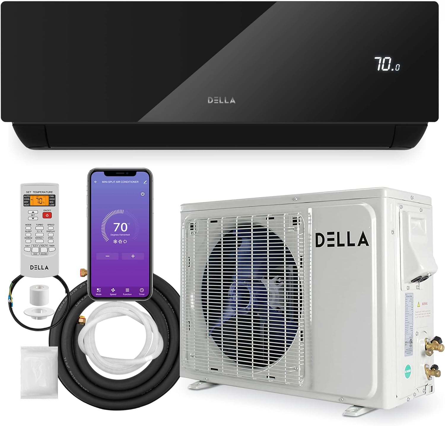 DELLA 12000 BTU Wifi Mini Split Work with Alexa 20 SEER2 Cools Up to 550 Sq.Ft Energy Saving Split AC & Pre-Charged 1 Ton Heat Pump Ductless Inverter System(JPB Series with R32 refrigerant)