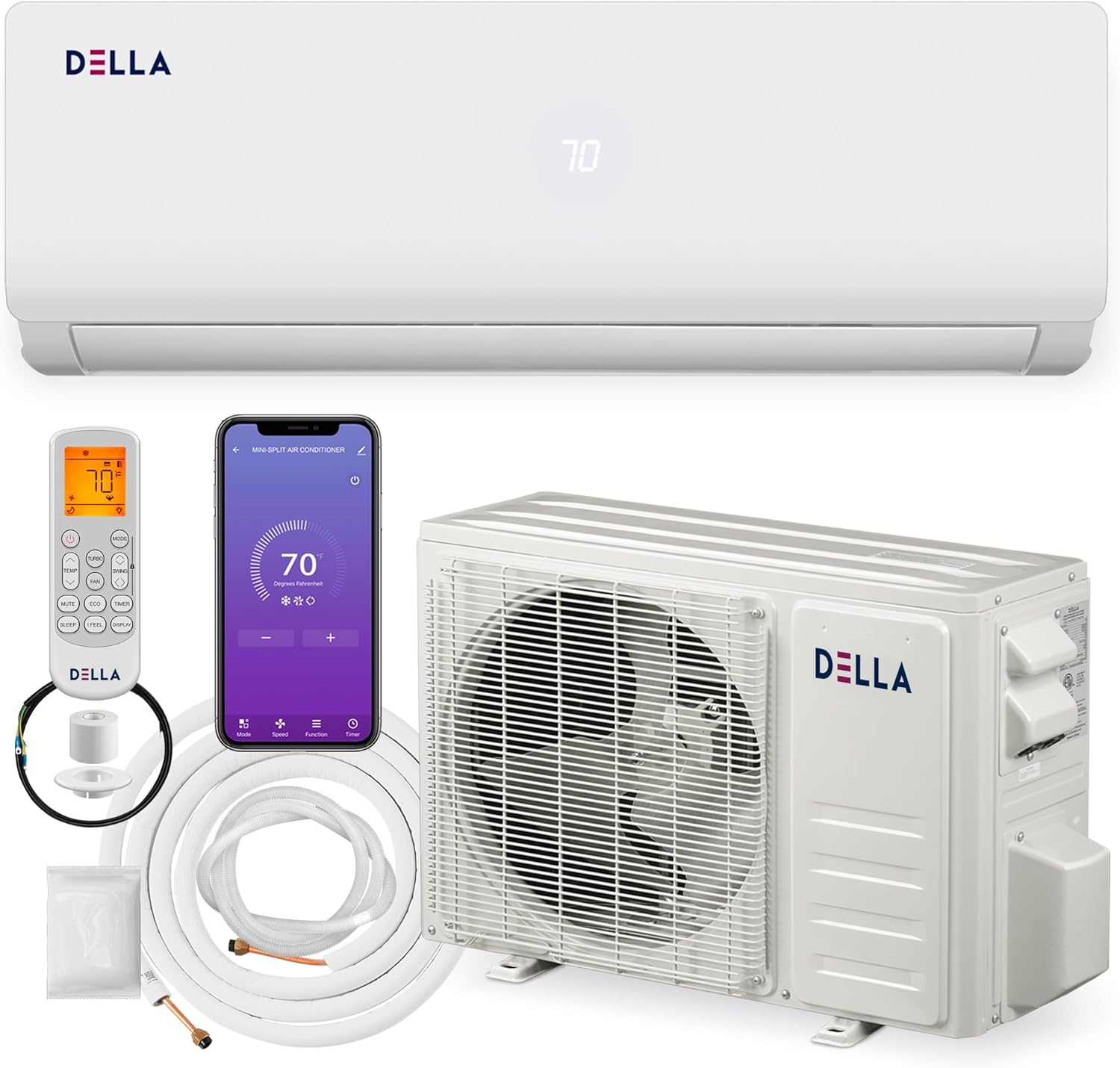 DELLA 9000 BTU Mini Split AC Work with Alexa 19 SEER2 Cools Up to 400 Sq.Ft 230V Wifi Enabled AC & 0.75 Ton Heat Pump Pre-Charged Ductless Inverter System, 16.4ft Installation Kits