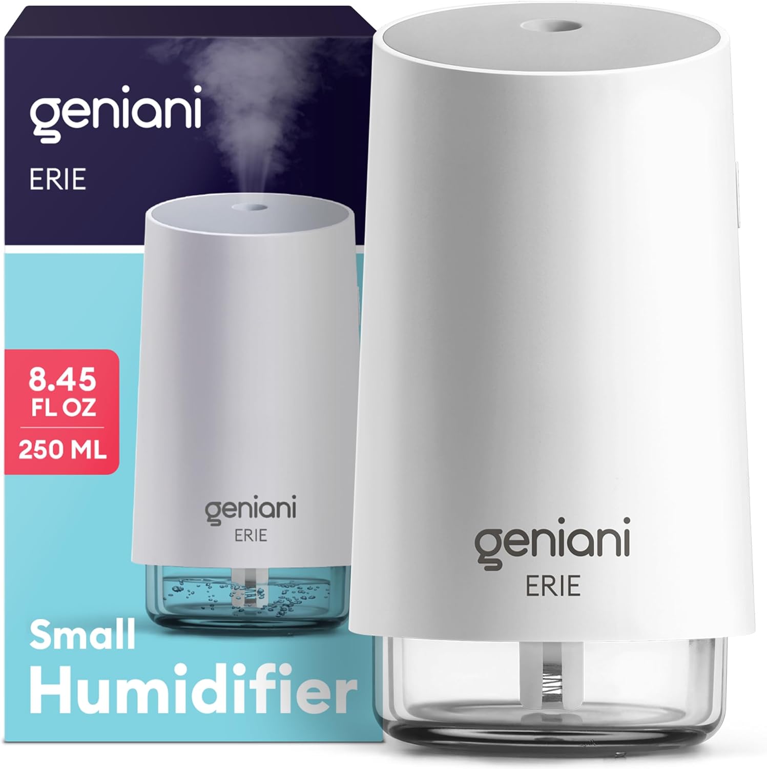 GENIANI Portable Small Cool Mist Humidifiers 250ML - USB Desktop Humidifier for Plants, Office, Car, Baby Room with Auto Shut Off & Night Light - Quiet Mini Humidifier (White)